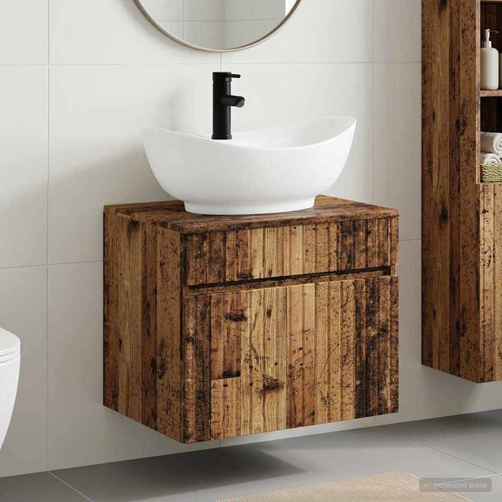 Modernes Badezimmerwaschtisch mit weißem Aufsatzwaschbecken und schwarzem Wasserhahn, montiert auf einem rustikalen Holzschrank, mit rundem Spiegel darüber.