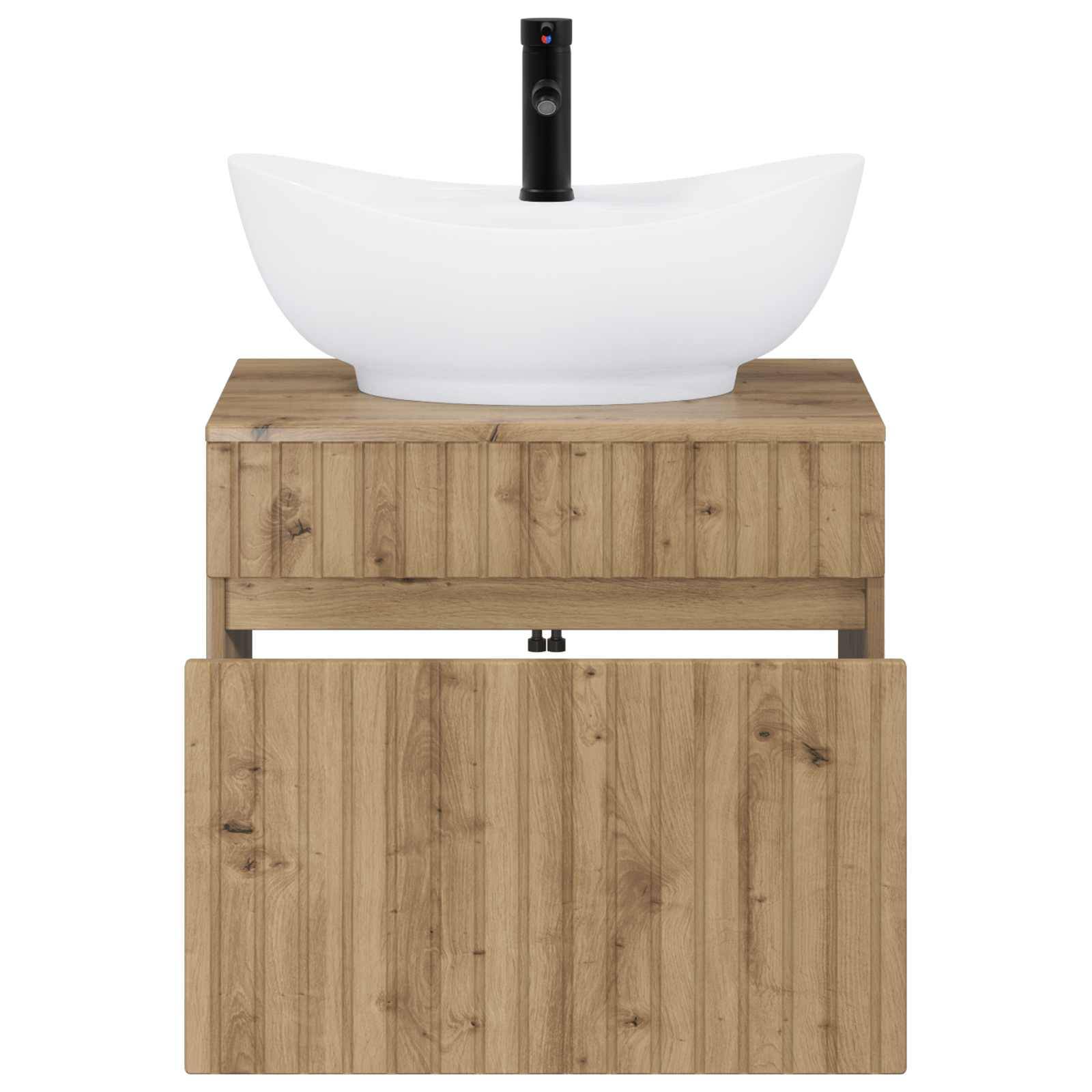 Modernes Badezimmer-Waschtisch mit weißem Aufsatzwaschbecken, schwarzer Armatur und Holzschrank mit offener oberer Schublade und unterer Tür.