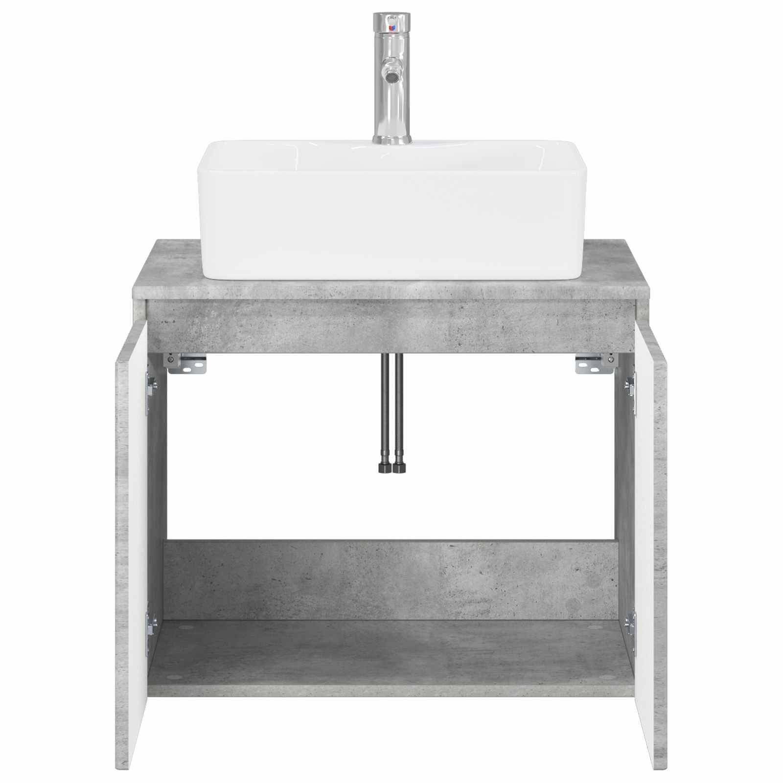 Ein modernes Badezimmerwaschtisch mit einem weißen rechteckigen Waschbecken und einem Chromwasserhahn auf einer grauem betonähnlichen Schrank-Basis.