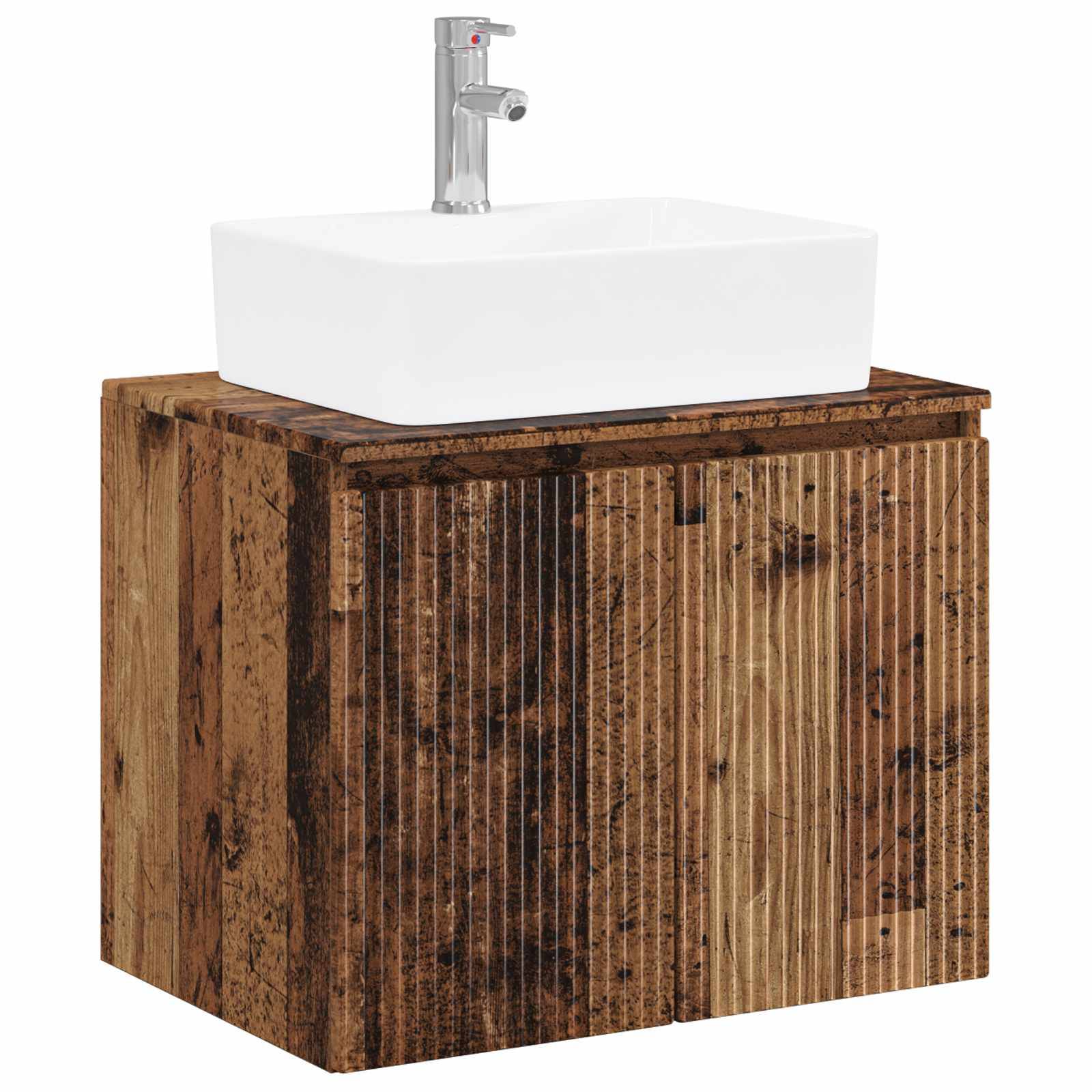 Weißes Waschbecken mit verchromtem Wasserhahn auf einem rustikalen Holz-Waschtischunterschrank.