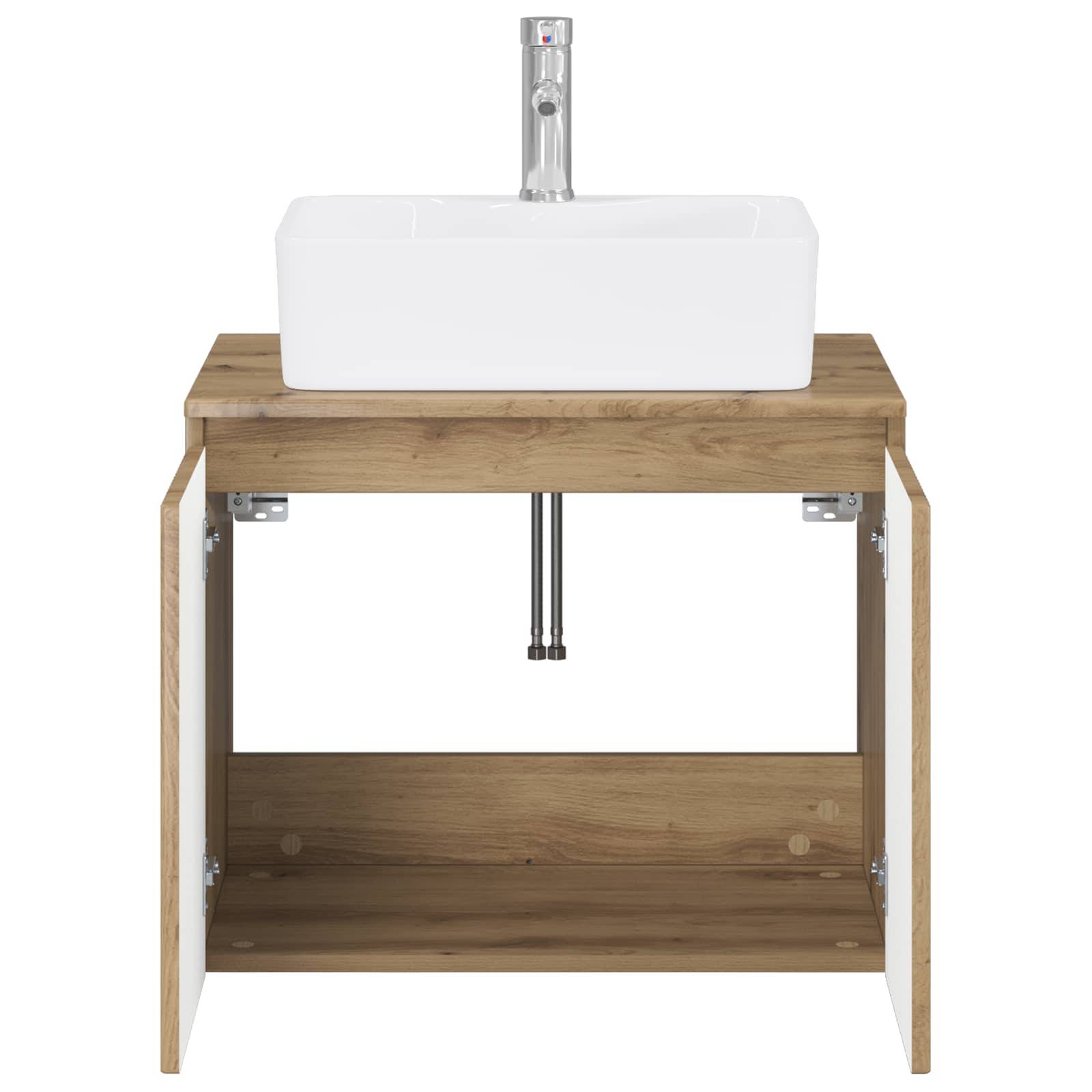 Weißes rechteckiges Waschbecken auf einem Holz-Waschtischschrank mit offener unterer Ablage und einzelnem Wasserhahn, shown auf weißem Hintergrund.