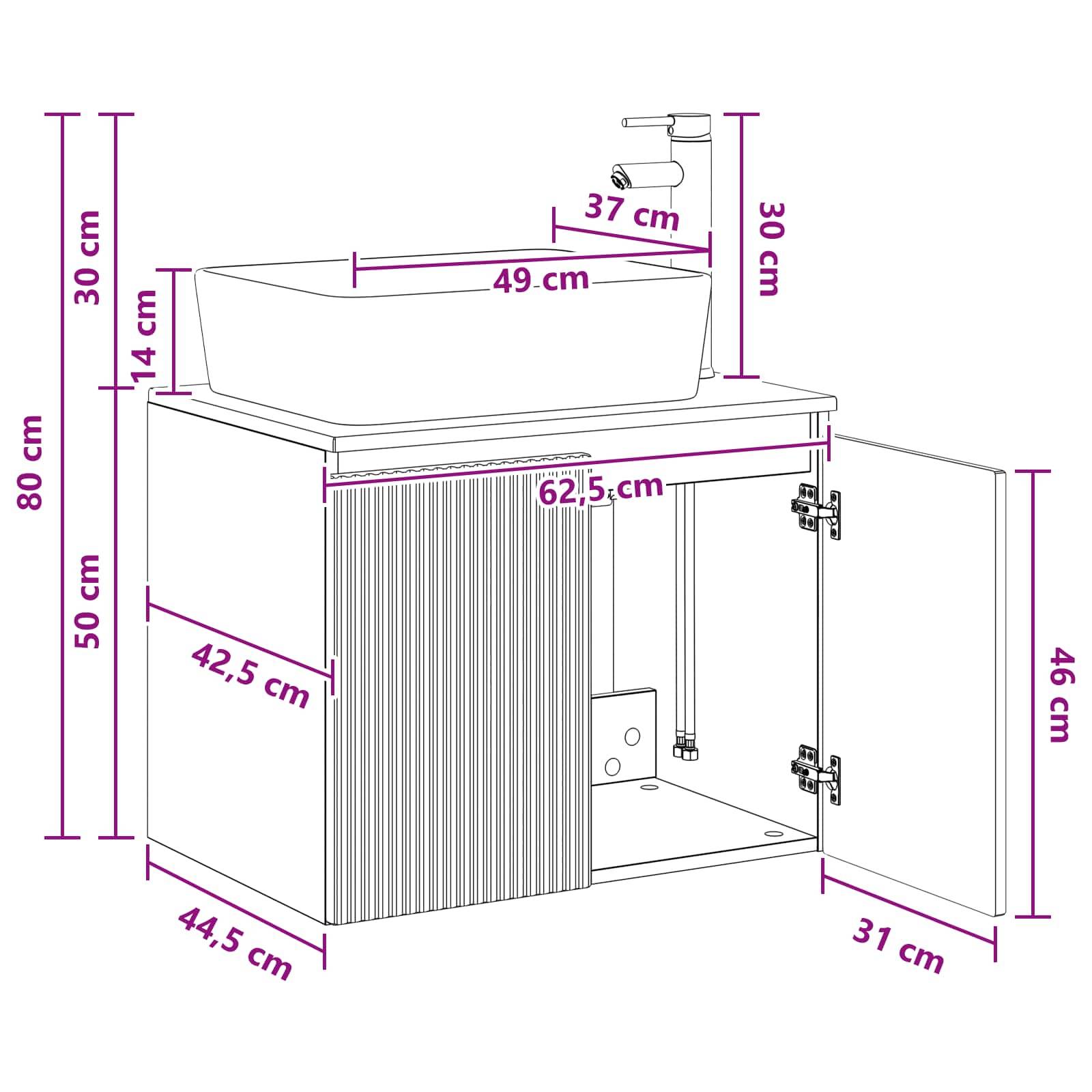 Dimensionierter Waschtisch mit Waschbecken und offener Schranktür, zeigt Gesamtgröße 80 cm hoch, 44,5 cm tief, 62,5 cm breit, und Waschtischmaße in cm.