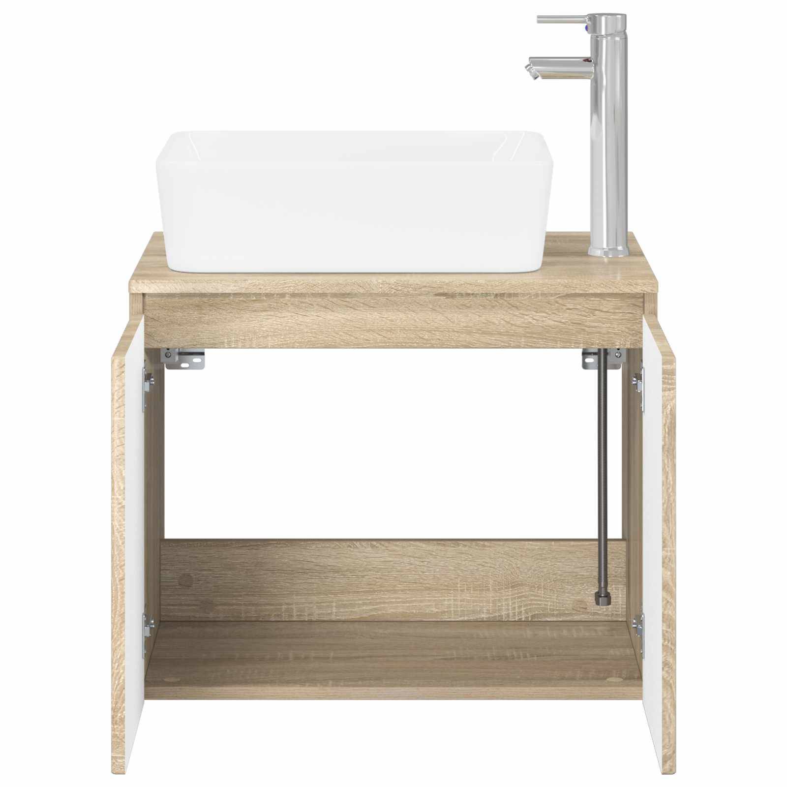 Offenes Badezimmer-Waschtischschrank aus Holz mit weißem Aufsatzwaschbecken und Chromarmatur oben, dargestellt mit offenen Türen, um das innere Regal und die Befestigungshardware zu zeigen.