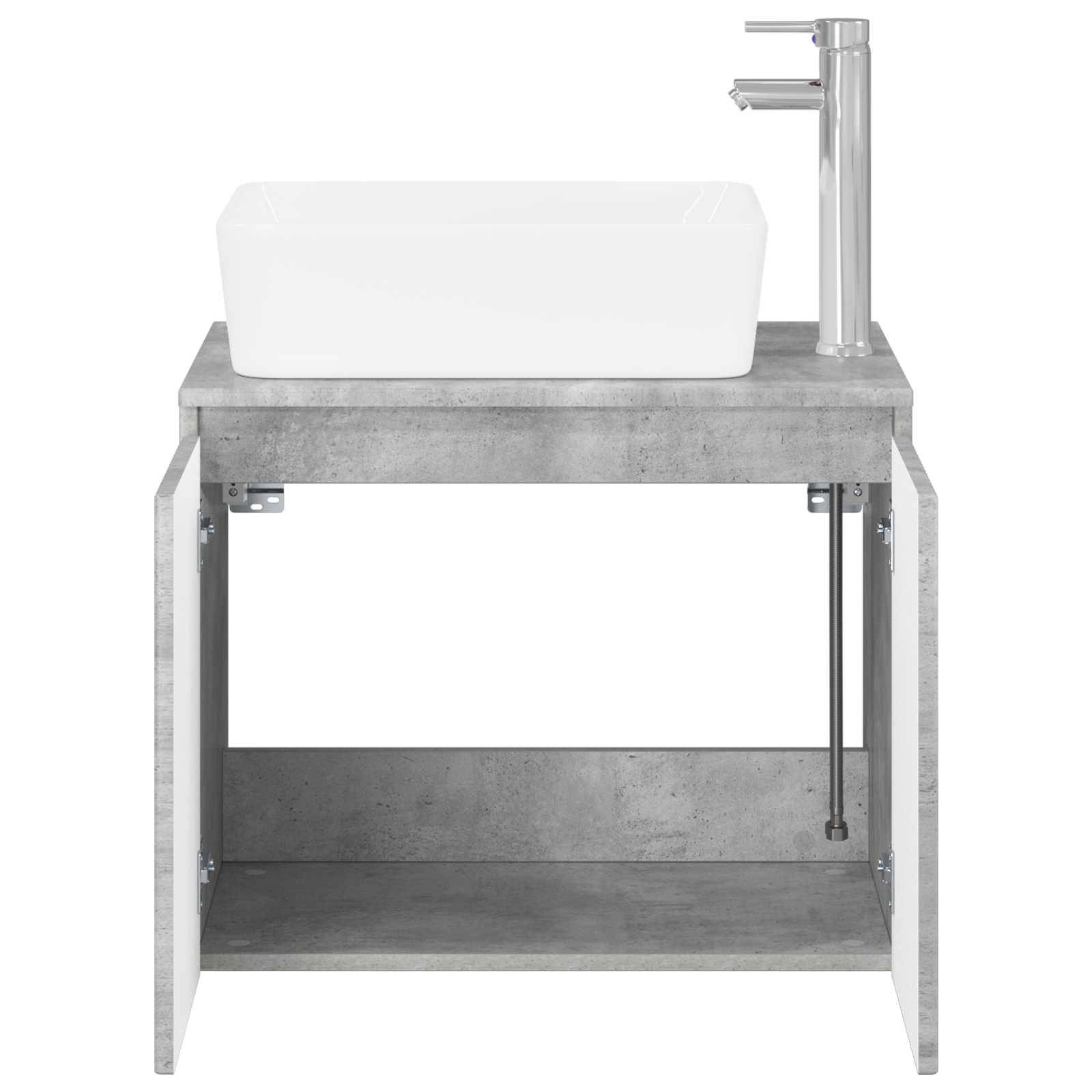 Moderne Betonwaschtisch mit integriertem weißem Waschbecken und Chromarmatur, Frontansicht mit offener Ablagefläche darunter.