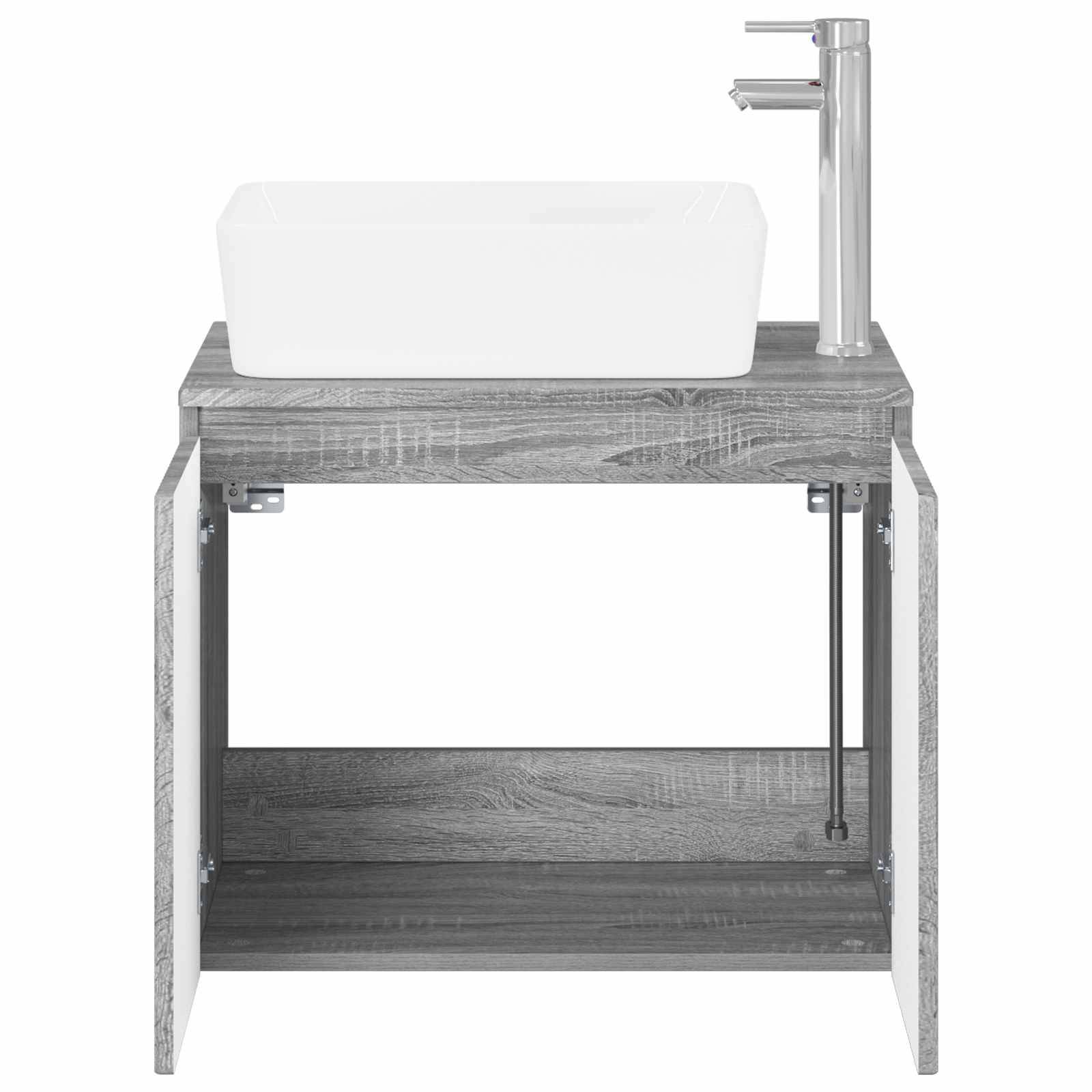 Moderner Badezimmerschrank mit Waschtisch in grauer Holzoptik mit offenem Regal, weißem Aufsatzwaschbecken und Chromarmatur oben.