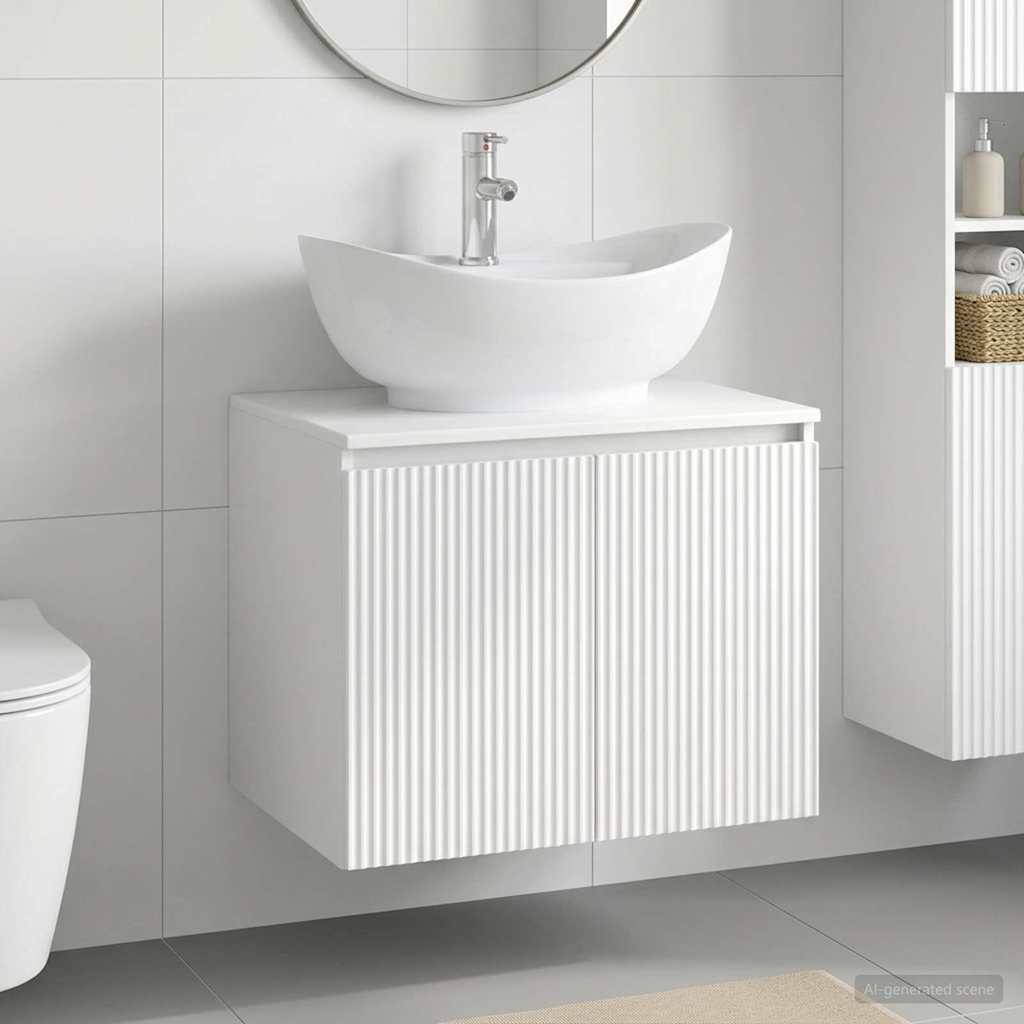Modernes Badezimmer-Waschtisch mit weißem Aufsatzwaschbecken und an der Wand montiertem Schrank unter einem runden Spiegel, mit teilweise sichtbarem Toilettenbecken und Regalen.
