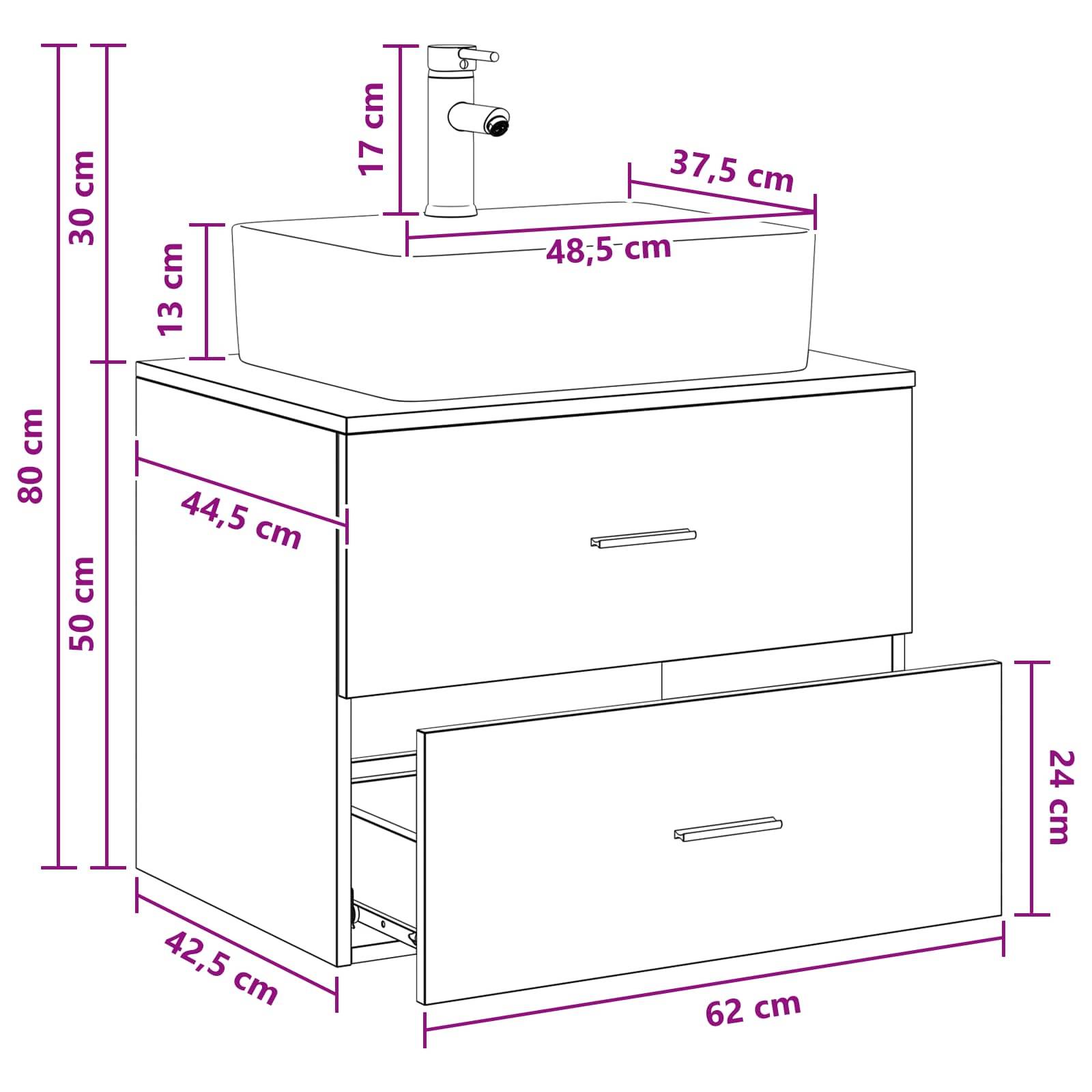 Dimensioniertes Badezimmer-Waschtischmodul mit Waschbecken und Armatur, zeigt Schrankgröße 80 cm hoch, 62 cm breit, 42,5 cm tief und Schubladenfrontöhe 24 cm.