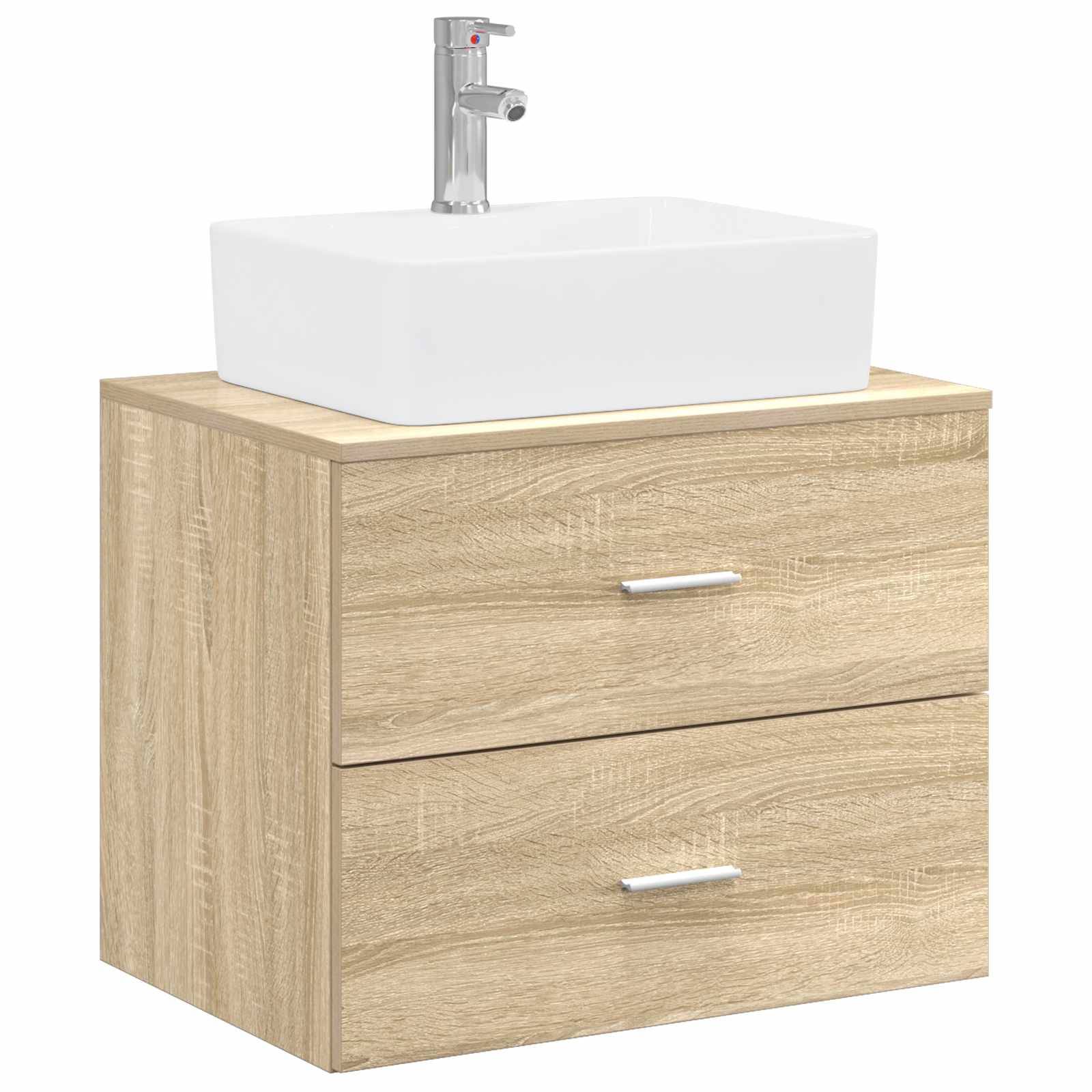 Modernes Badezimmerwaschtisch mit einem weißen rechteckigen Becken und Chromarmatur auf einem hellholzernen Unterschrank mit zwei Schubladen.