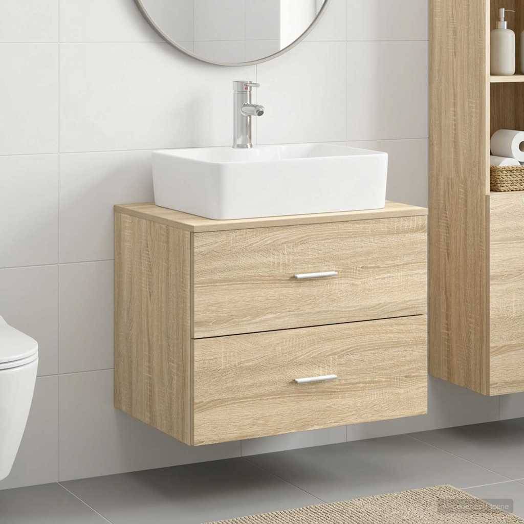 Modernes Badezimmerwaschtisch mit an der Wand montiertem Holzschrank, rechteckigem weißem Waschbecken, Chromarmatur und rundem Spiegel oben.