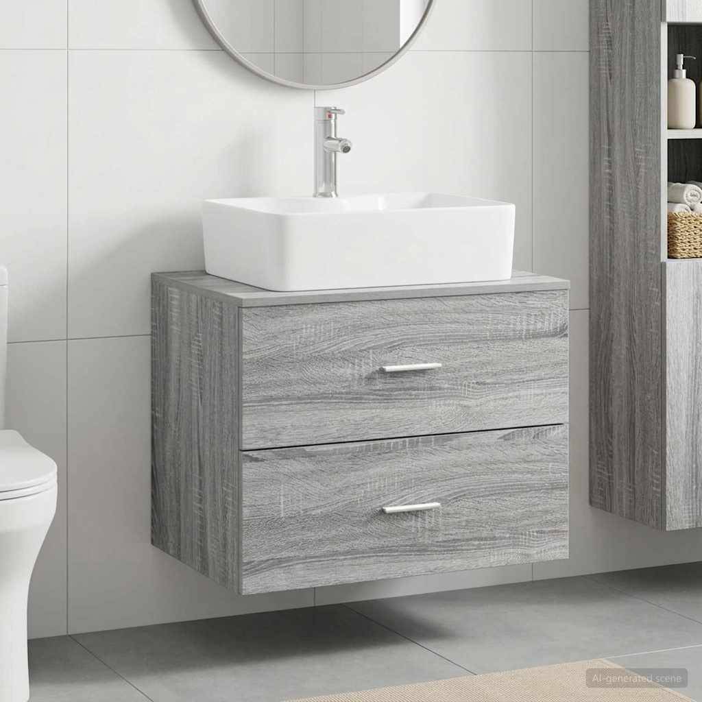 Modernes Badezimmer-Waschtisch mit schwebendem grauem Holzschrank, weißem Aufsatzwaschbecken, Spiegel darüber und teilweise sichtbarem Toilettenbecken.