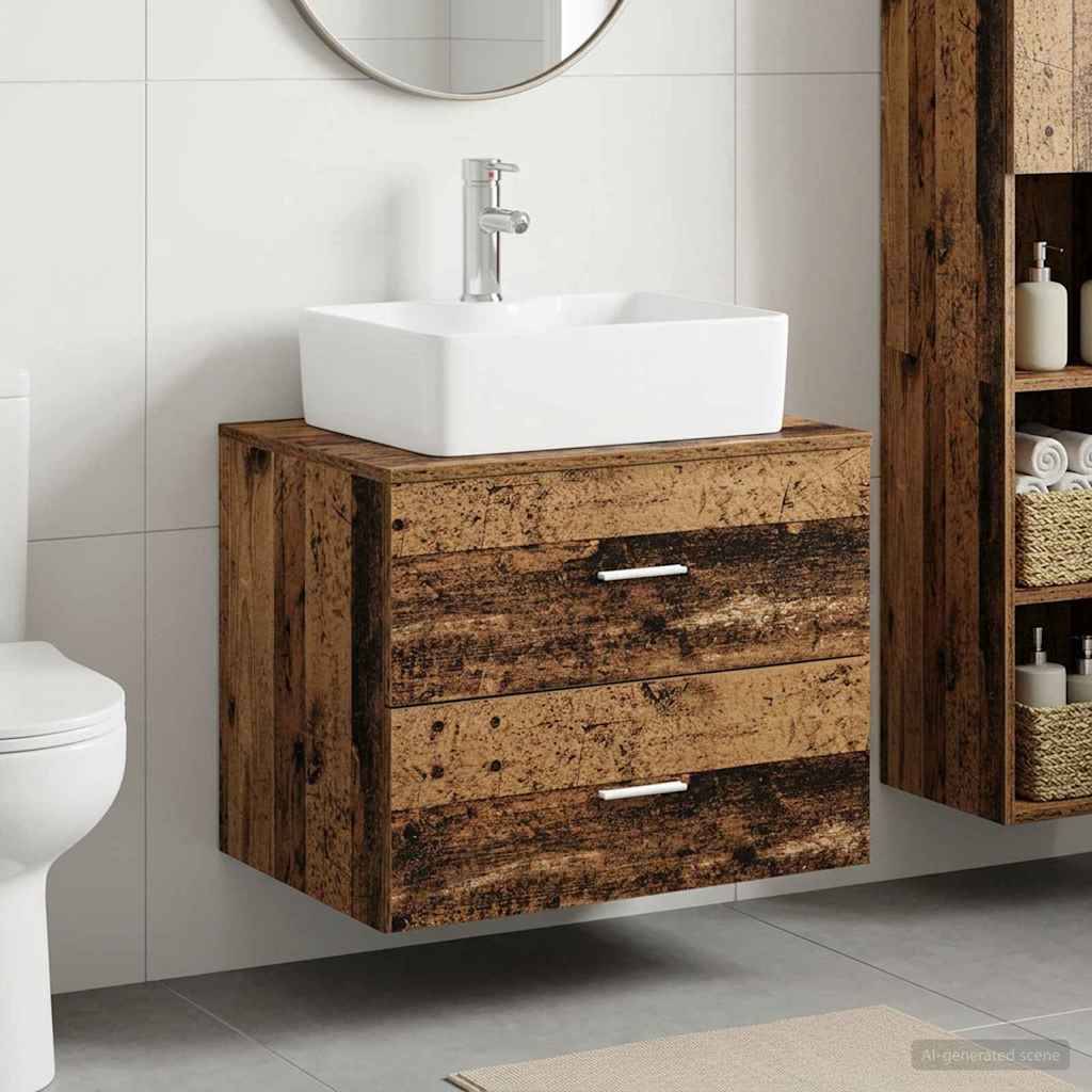 Modernes Badezimmer-Waschtisch mit weißem Aufsatzwaschbecken, rustikalen Holzschubladen und an der Wand montiertem Lagerschrank.
