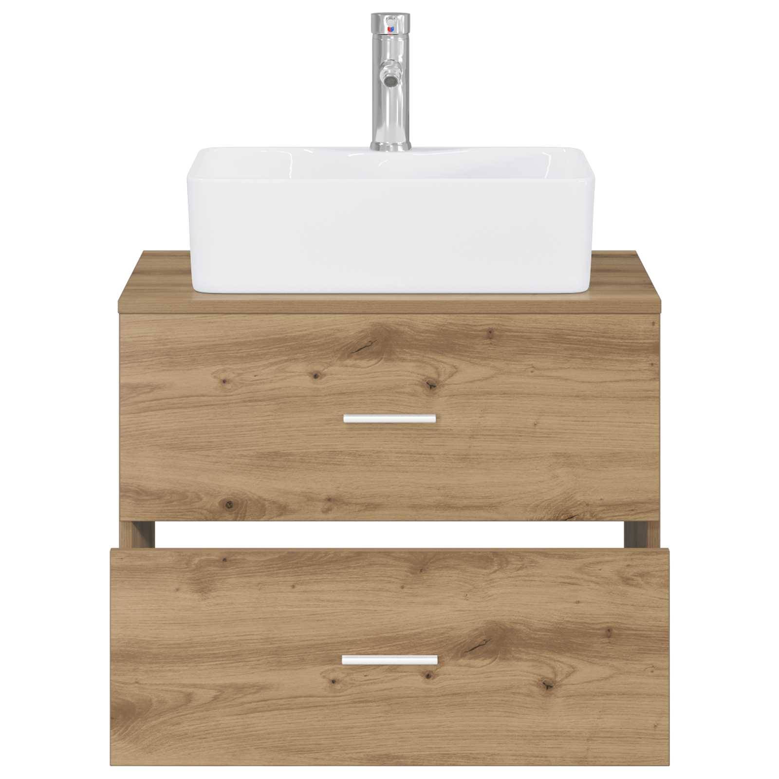 Holzwaschplatz mit zwei Schubladen und einem weißen rechteckigen Waschbecken oben, vor einem neutralen Hintergrund dargestellt.