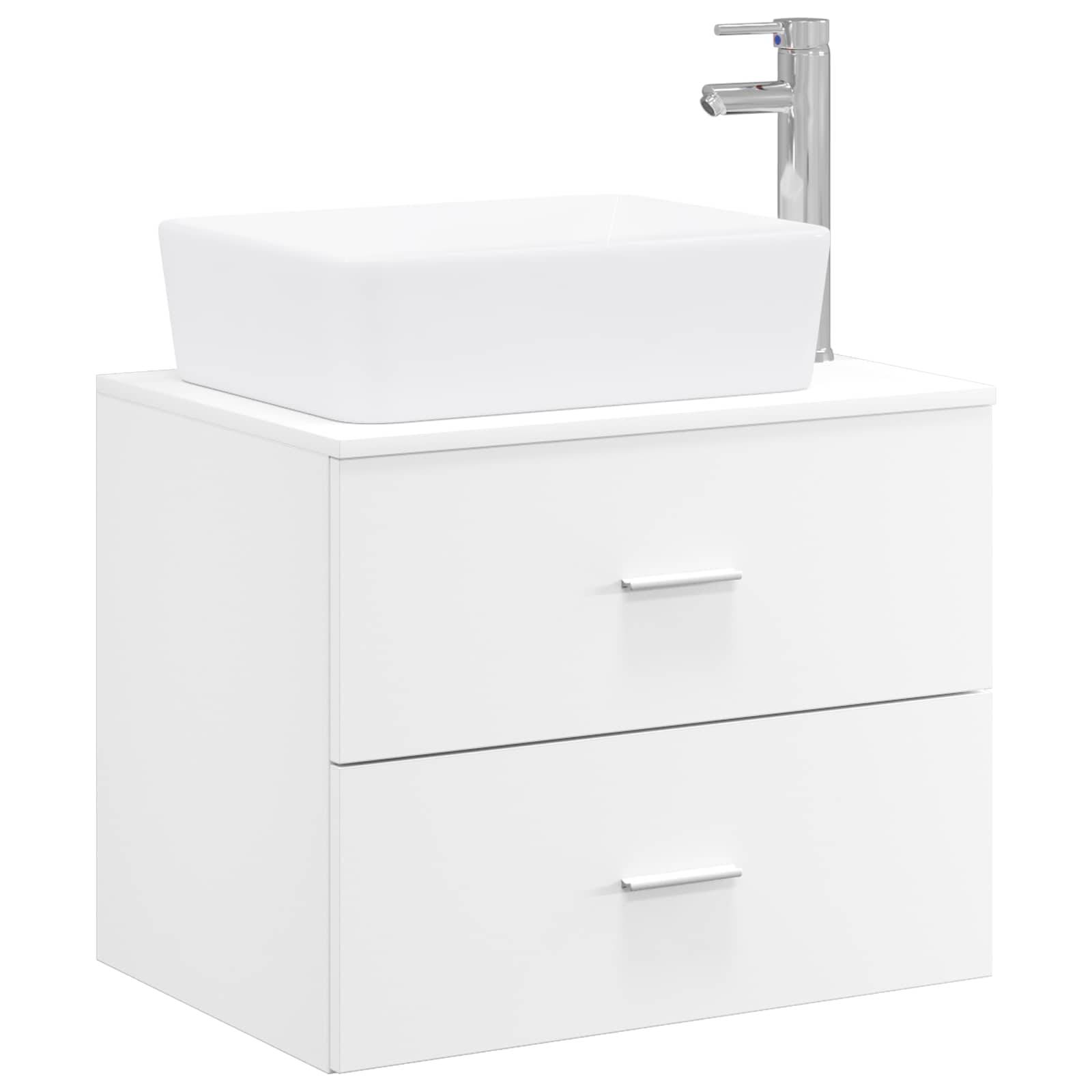 Weißes Badezimmermöbel mit zwei Schubladen, integriertem rechteckigem Waschbecken und Chromarmatur oben.