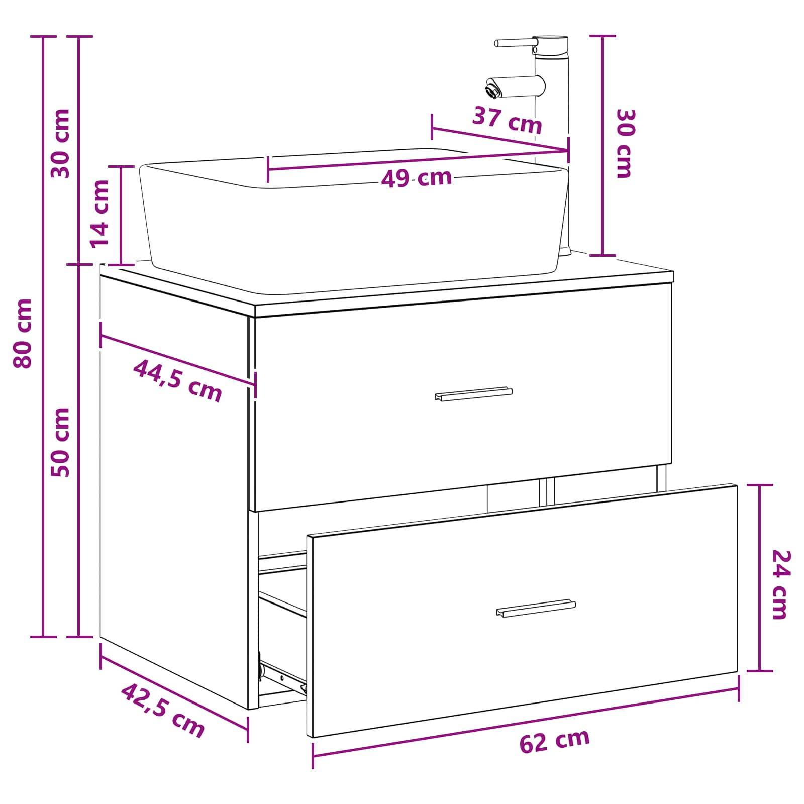 Illustrierter Badezimmerwaschtisch mit Waschbecken und Armatur, mit folgenden Abmessungen: 62 cm Breite, 42,5 cm Tiefe, 80 cm Höhe, Schrankür 24 cm, Becken 49 cm x 37 cm.