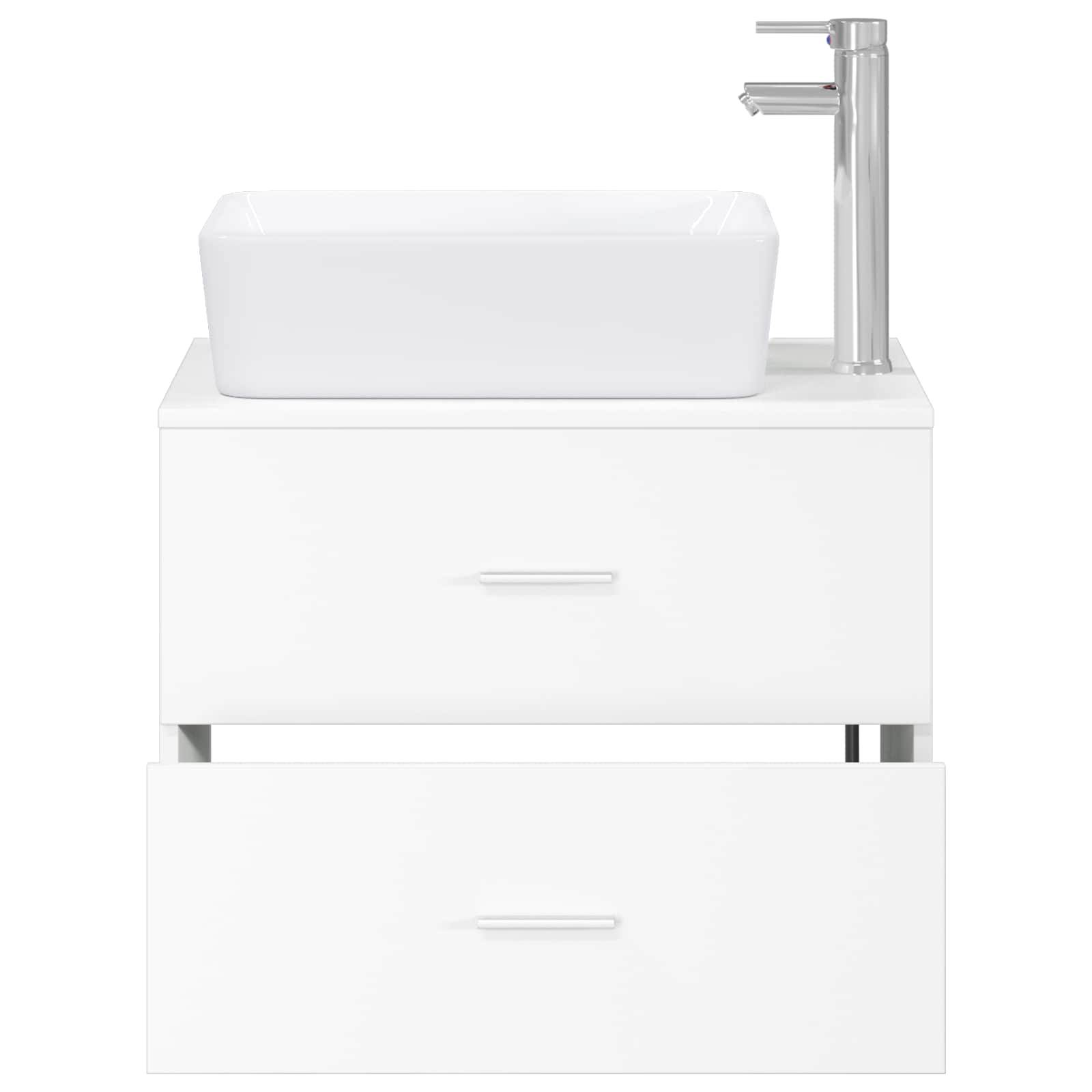Weißer Badezimmerschrank mit Aufsatzwaschbecken, Chromarmatur und zwei Schubladen auf einfachem weißem Hintergrund.