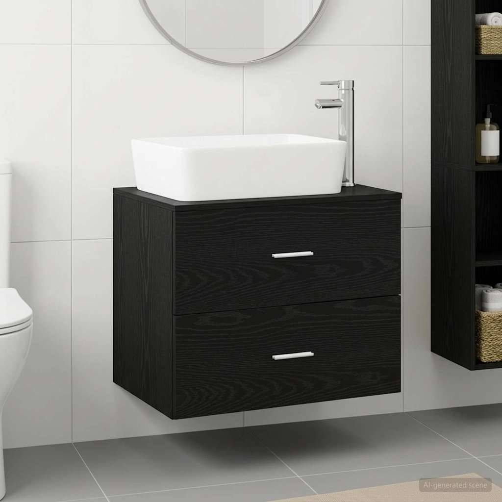 Modernes Badezimmer-Waschtisch mit weißem Aufsatzwaschbecken, Chromarmatur, rundem Spiegel und dunklem Wandschrank mit zwei Schubladen.