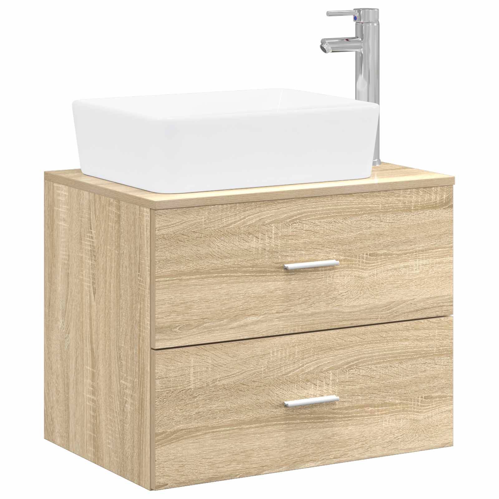 Helles Holz-Badezimmerwaschtisch mit zwei Schubladen, weißes Aufsatzwaschbecken und Chromarmatur oben.