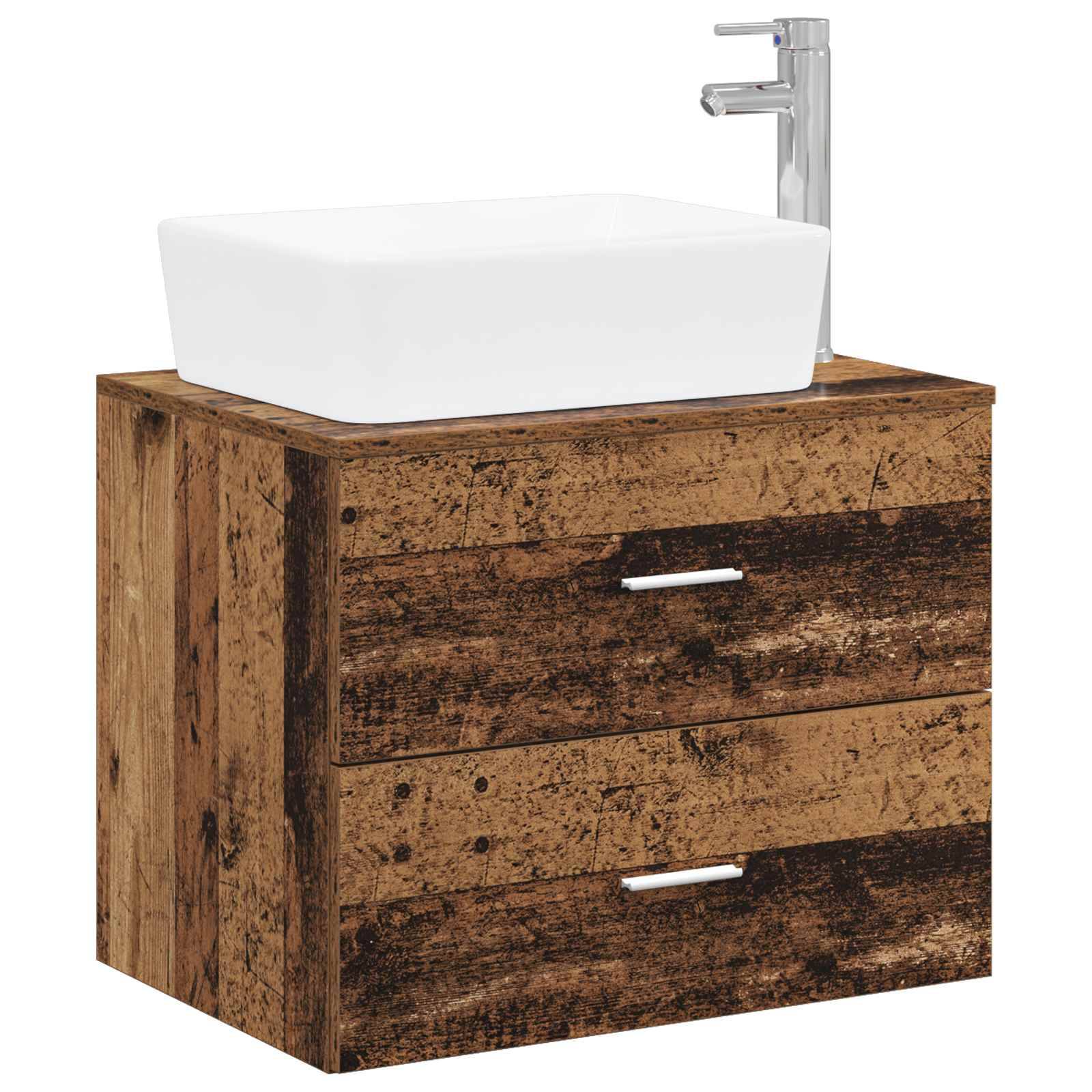Rustikale Badezimmerkommode aus Holz mit zwei Schubladen, weißem Becken-Waschtisch und Chromarmatur oben.