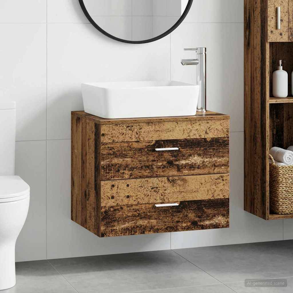 Modernes Badezimmer-Waschtisch mit weißem Aufsatzwaschbecken, Holzschrank mit Schubladen, Spiegel und angrenzendem Regal zur Aufbewahrung.
