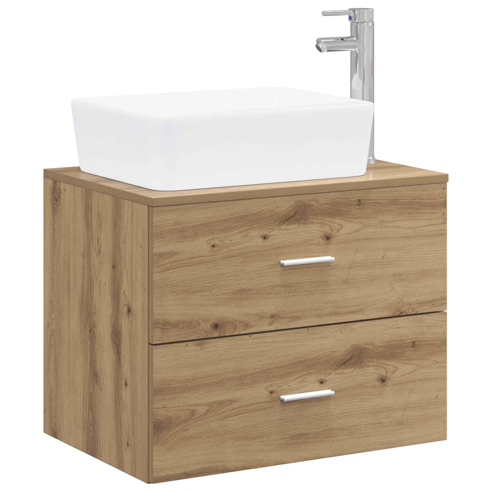Holzerne Badezimmerwaschtischschrank mit zwei Schubladen und einem weißen Aufsatzwaschbecken oben, gezeigt mit einem Chromwasserhahn.