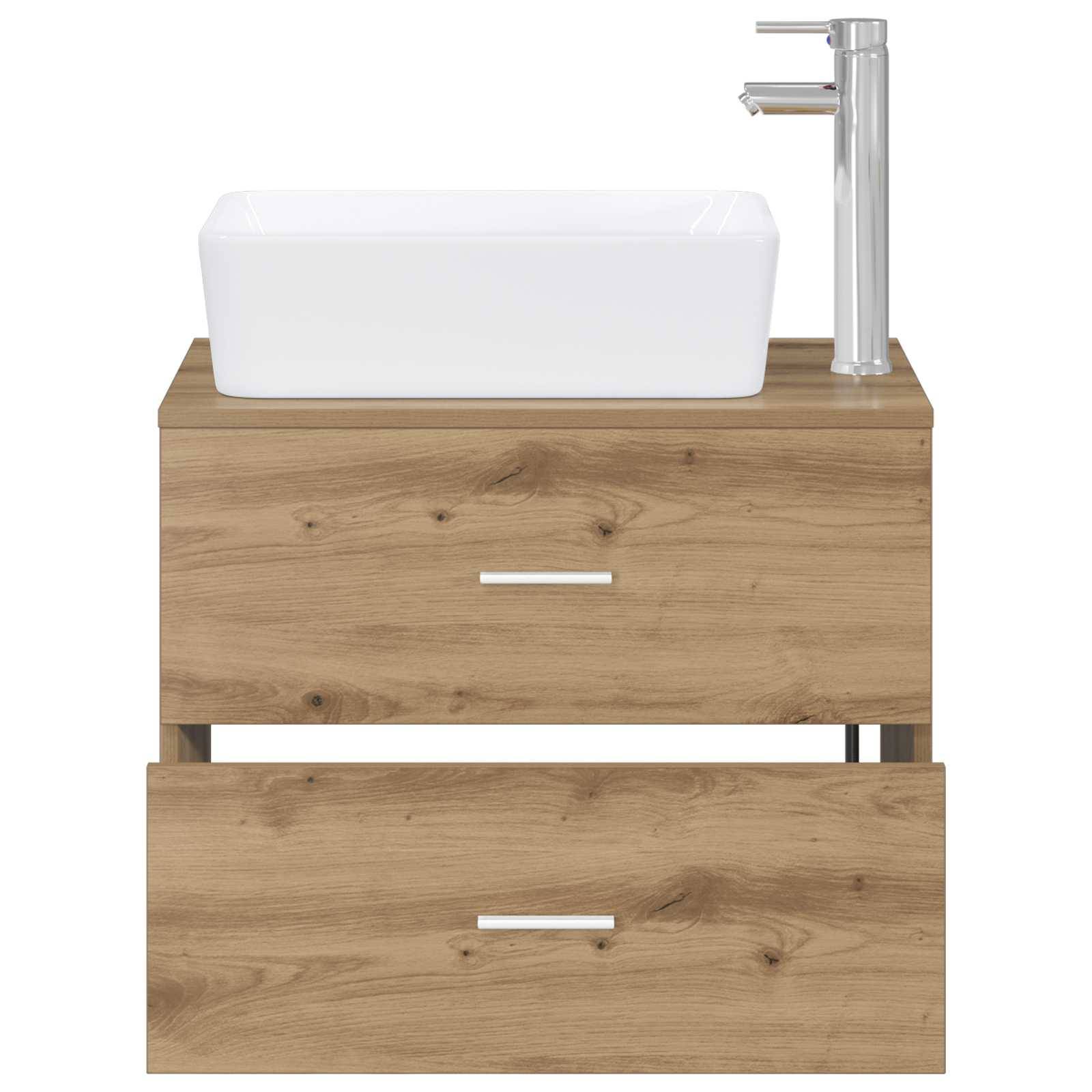 Modernes Badezimmerwaschbecken aus Holz mit rechteckigem weißem Waschbecken und Chromarmatur, dargestellt in Frontansicht mit zwei Schubladen.