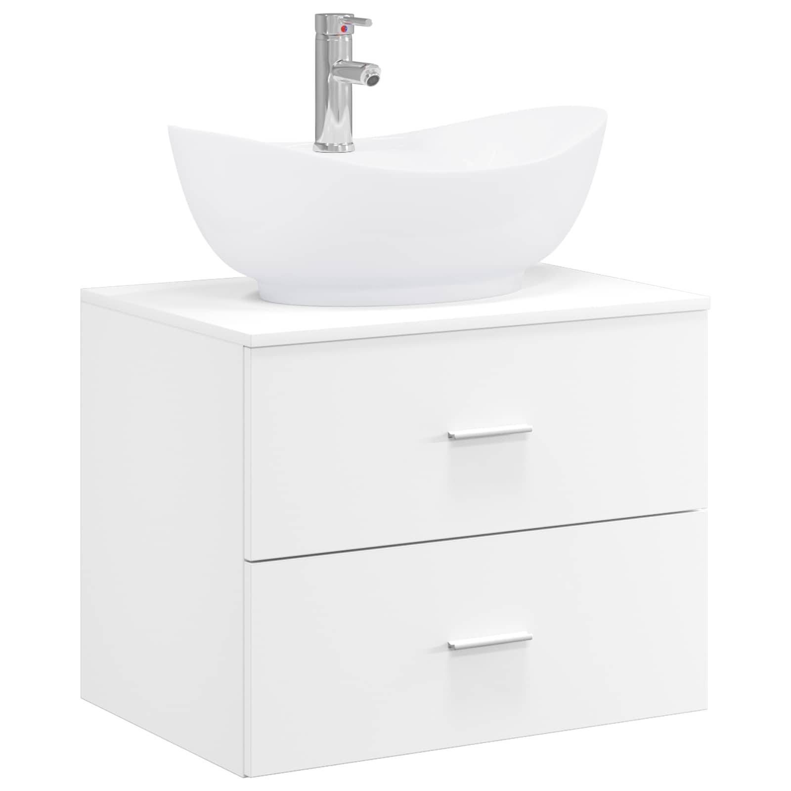Weiße Badezimmerkommode mit zwei Schubladen und einem Aufsatzwaschbecken mit Chromarmatur oben.