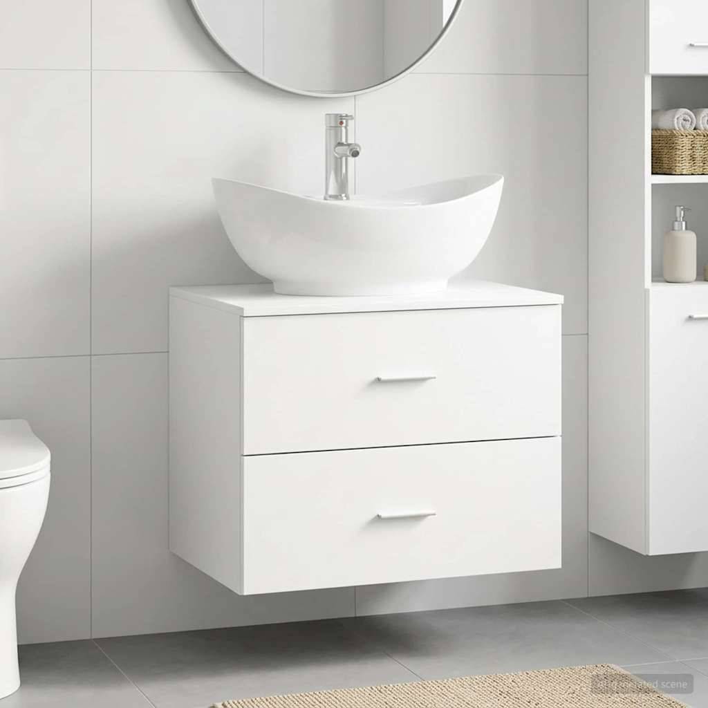 Modernes weißes Badezimmer-Waschtisch mit Aufsatzwaschbecken, rundem Spiegel und an der Wand montiertem Schrank auf einer gefliesten Wand.