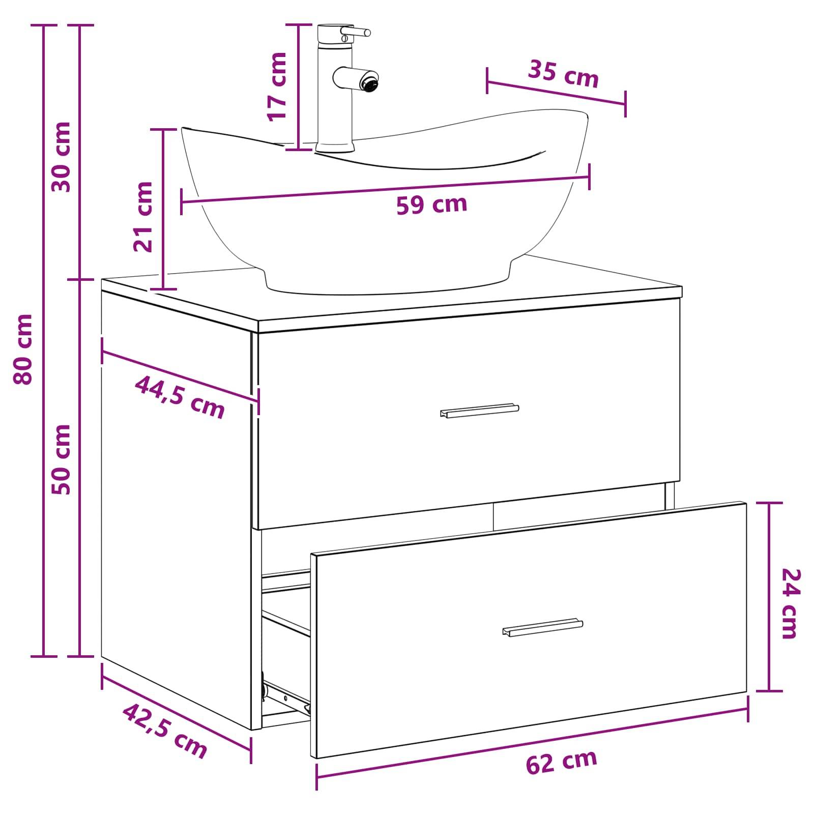Diagramm einer Badezimmerwaschkommode mit Waschbecken mit Abmessungen: 80 cm hoch, 62 cm breit, 42,5 cm tief; Becken 59 cm breit und 35 cm tief.