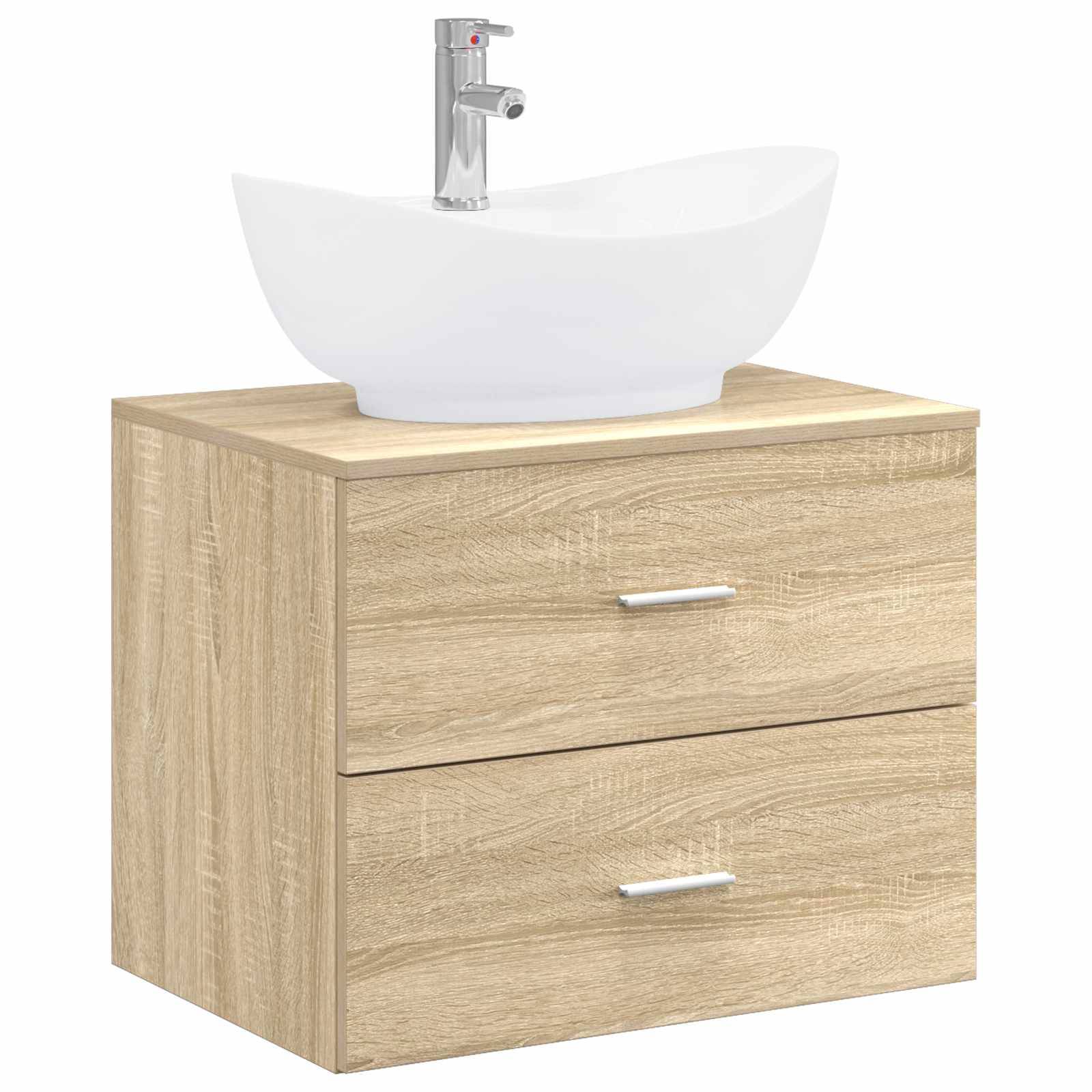Badezimmerwaschtischschrank aus hellem Holz mit zwei Schubladen und weißem Aufsatzwaschbecken mit Armatur oben.