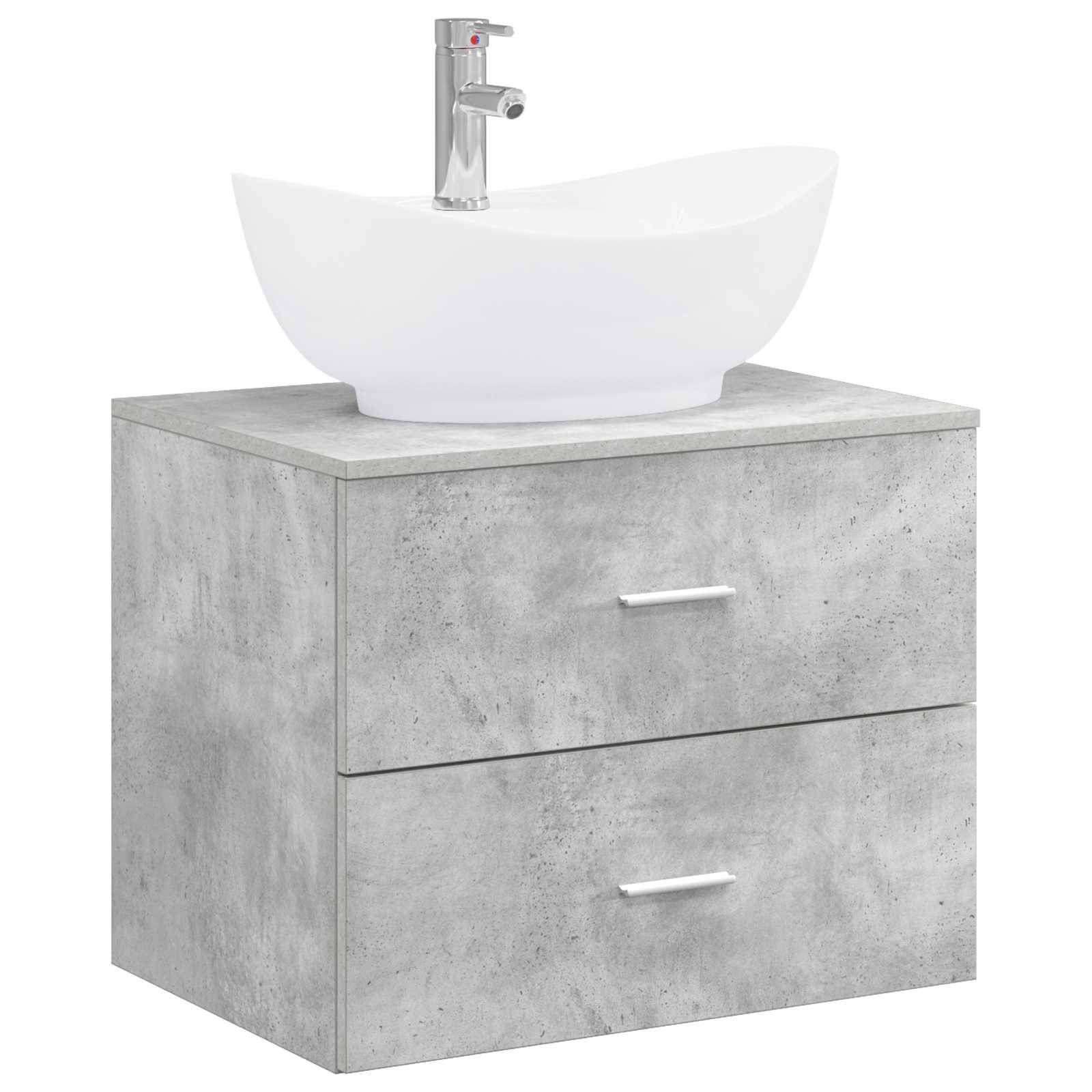 Badezimmer-Waschtischschrank mit Betonoptik, zwei Schubladen und weißem Aufsatzbecken mit Chromarmatur.