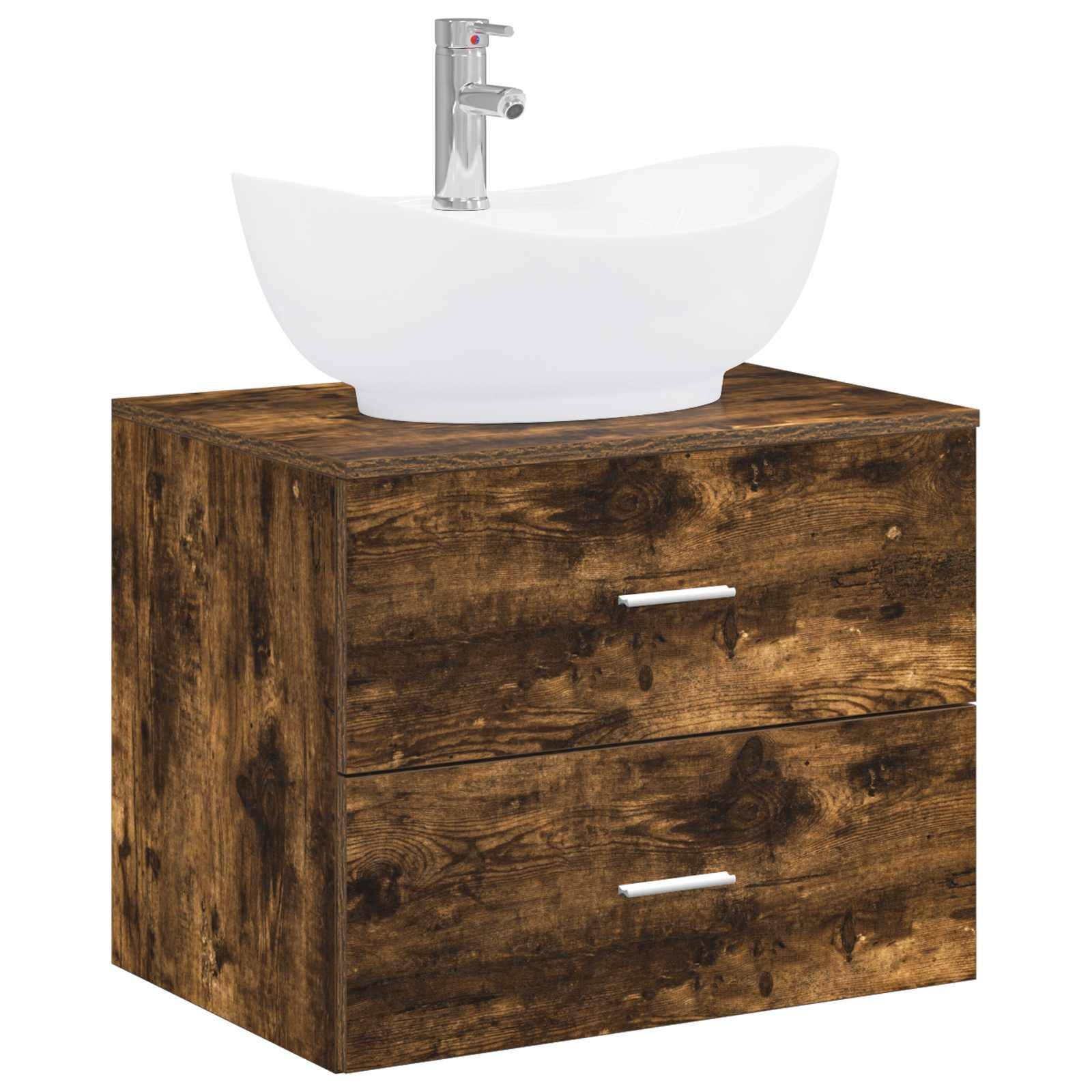 Holzernes Badezimmerwaschtisch mit zwei Schubladen und einem weißen Aufsatzwaschbecken mit Wasserhahn oben.