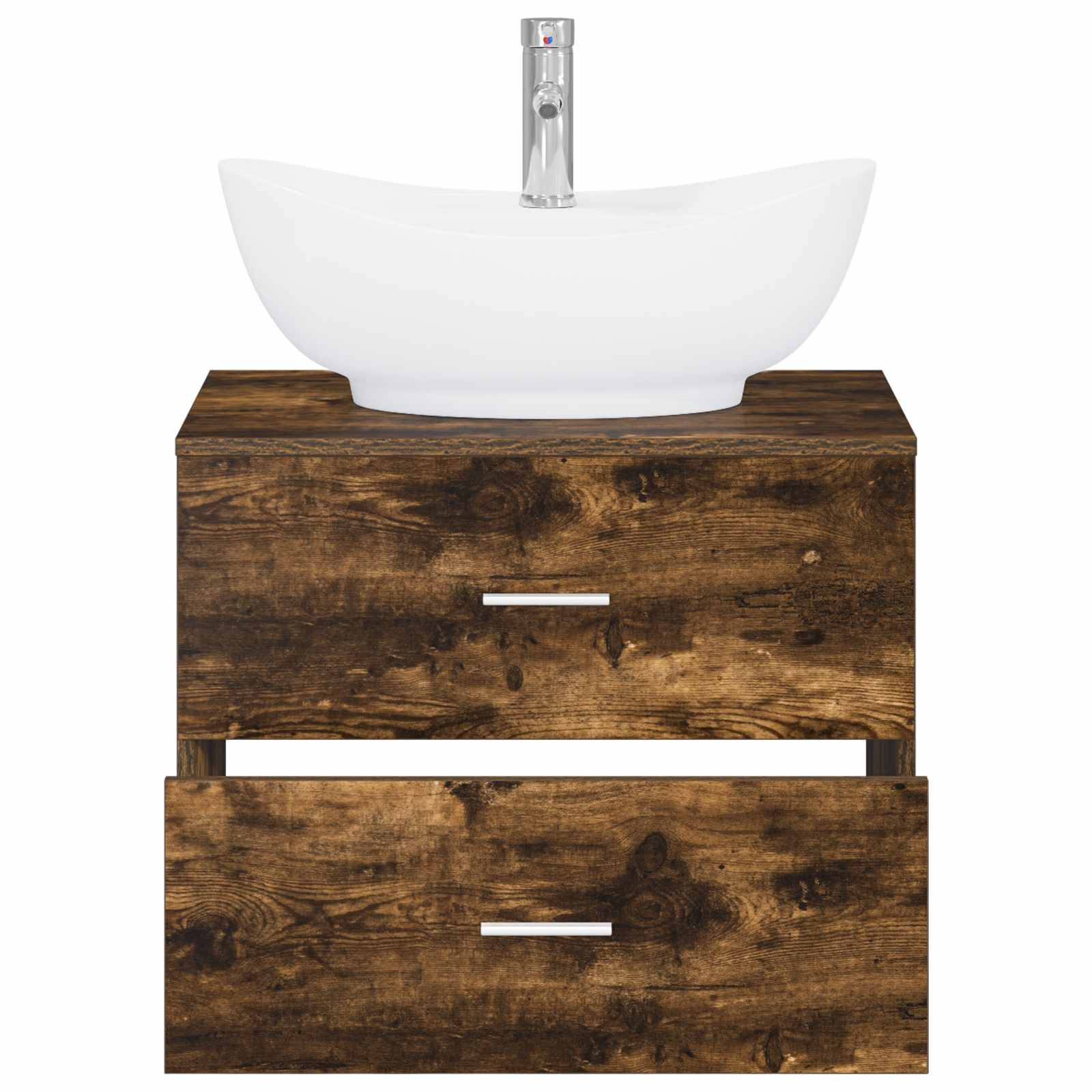 Rustikales Badezimmer-Waschtischset aus Holz mit einem weißen Aufsatzwaschbecken und verchromtem Wasserhahn, mit zwei Schubladen und natürlicher Holzoberfläche.