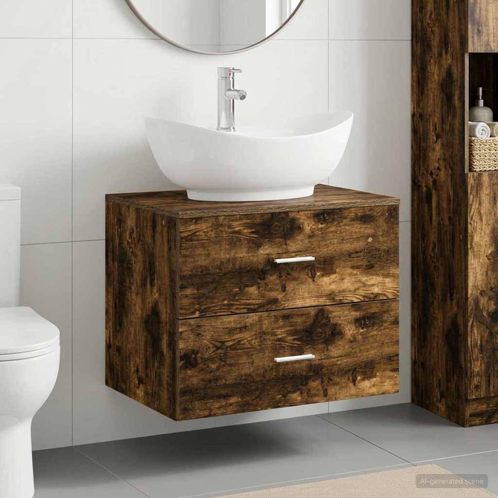 Badezimmerschrank mit weißem Aufsatzwaschbecken auf einem rustikalen Holzschrank, dargestellt neben einer Toilette und einer passenden Holzlagereinheit.