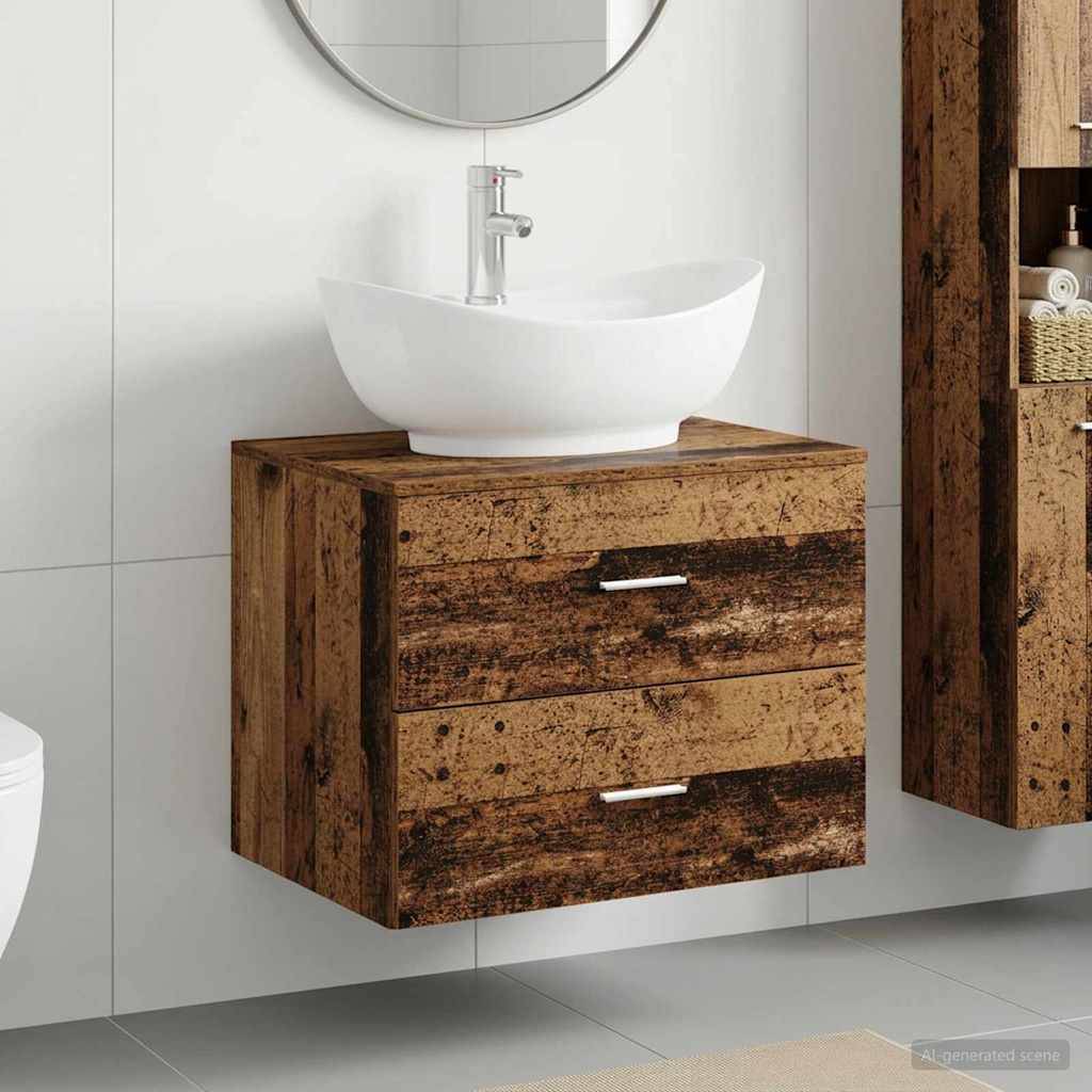 Wandmontiertes rustikales Holz-Badezimmerschrank mit weißem Aufsatzwaschbecken und rundem Spiegel vor heller Fliese.