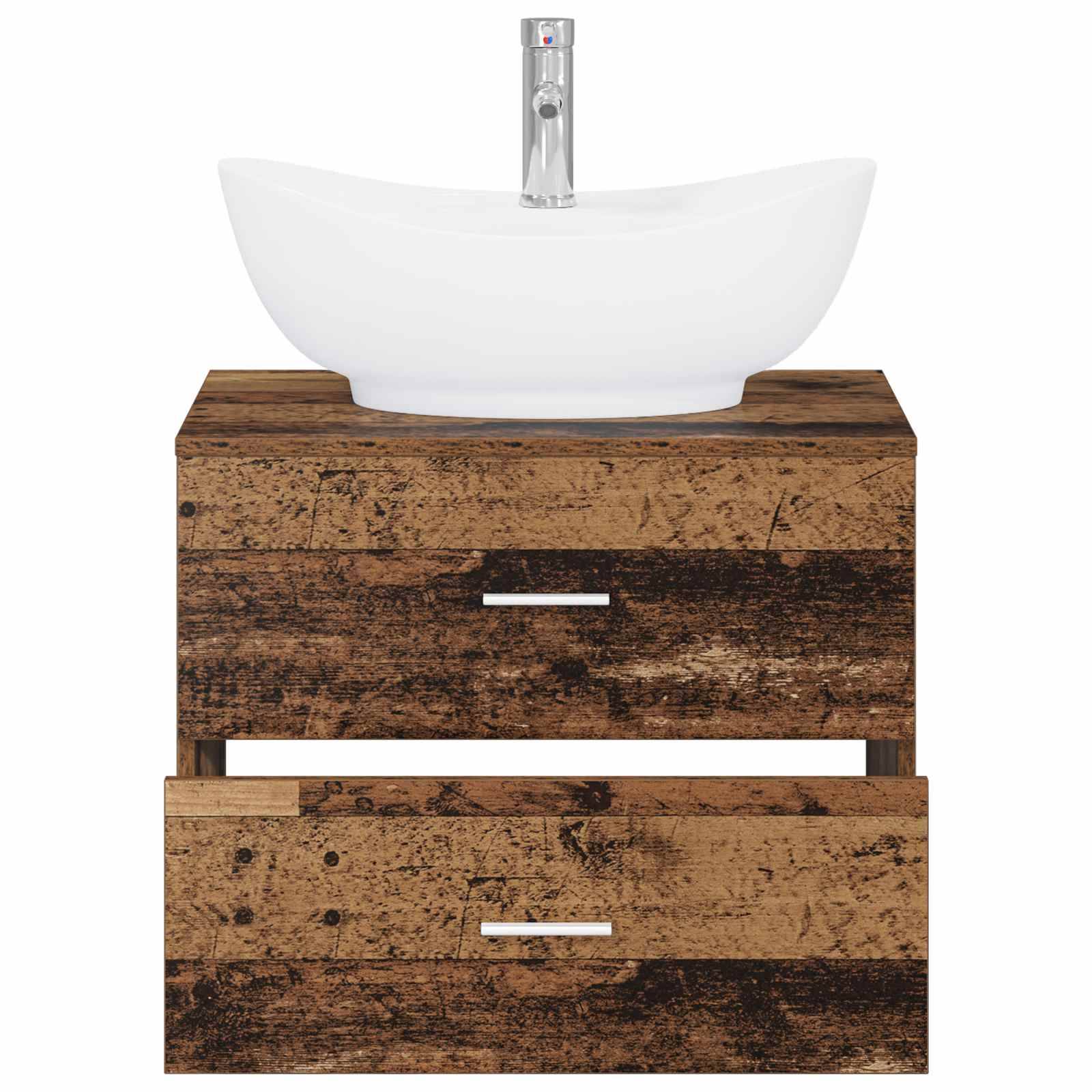 Rustikale Badezimmerkommode aus Holz mit zwei Schubladen, einem weißen Aufsatzwaschbecken und chromglänzendem Wasserhahn.