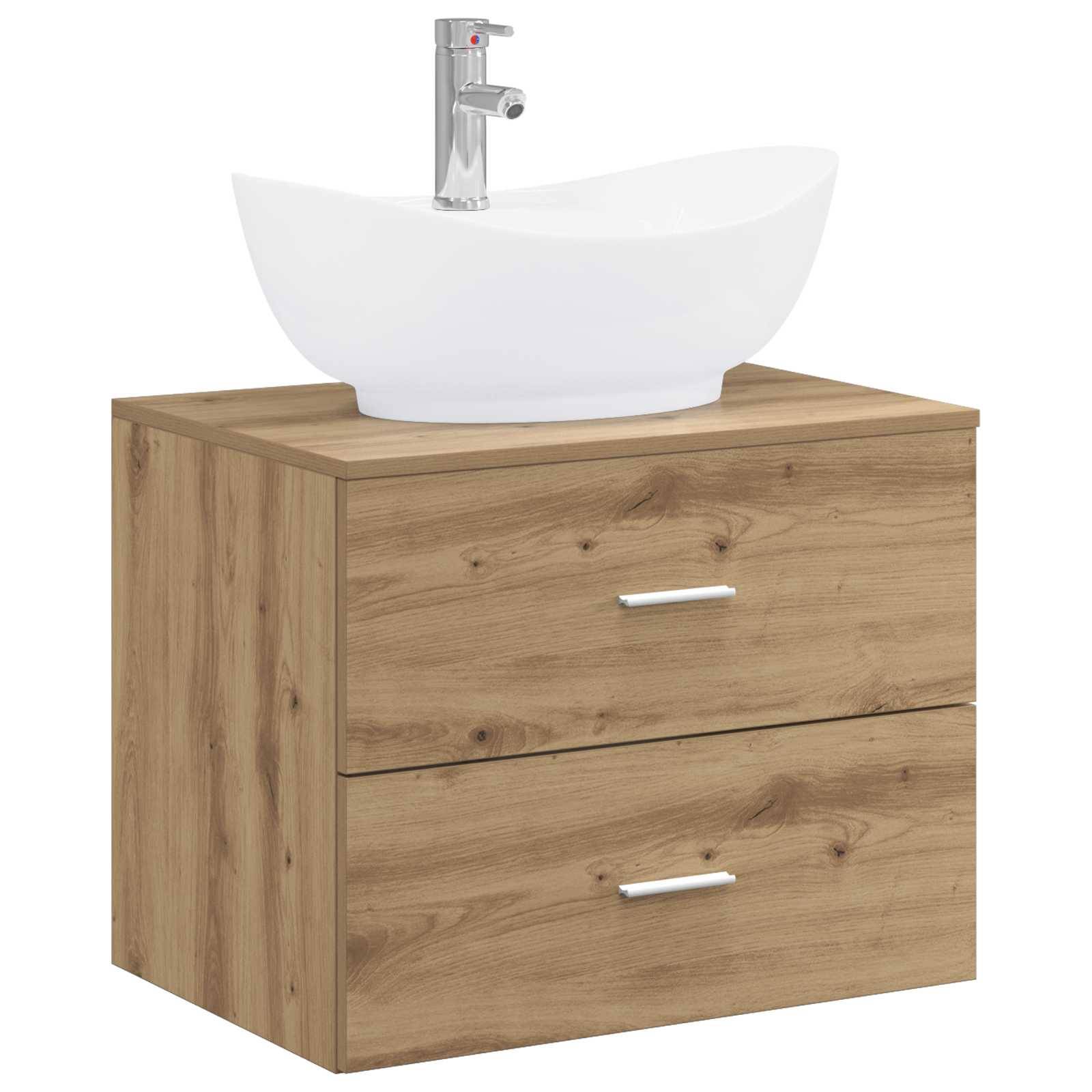 Holzwaschtischschrank für das Badezimmer mit zwei Schubladen und weißem Aufsatzwaschbecken sowie Armatur auf der Oberseite.