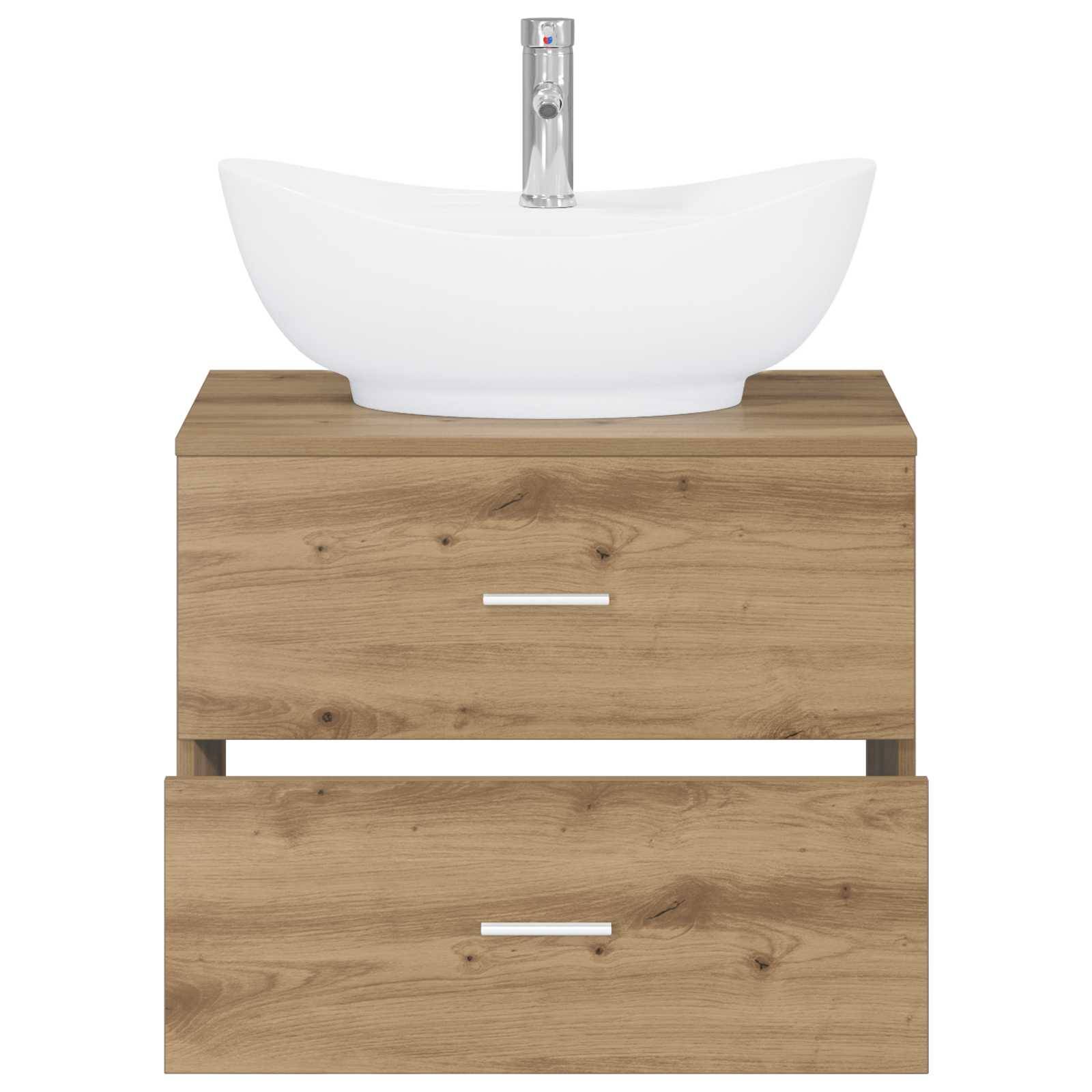 Holzwaschbecken mit zwei Schubladen und einem weißen Aufsatzbecken oben, Frontansicht auf weißem Hintergrund.