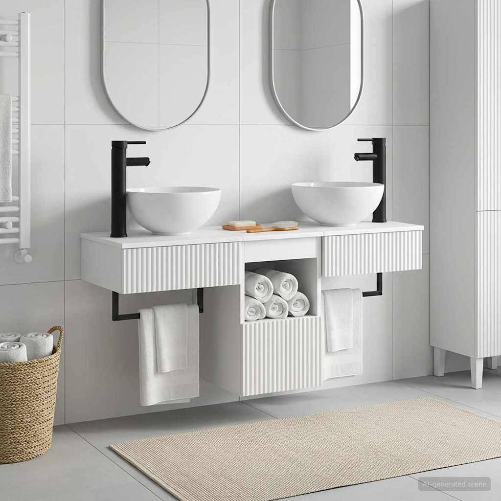 Modernes Badezimmermöbel mit doppelten Aufsatzwaschbecken, schwarzen Armaturen, ovalen Spiegeln, Handtuchablage und neutralem Teppich sowie Wäschekorb.