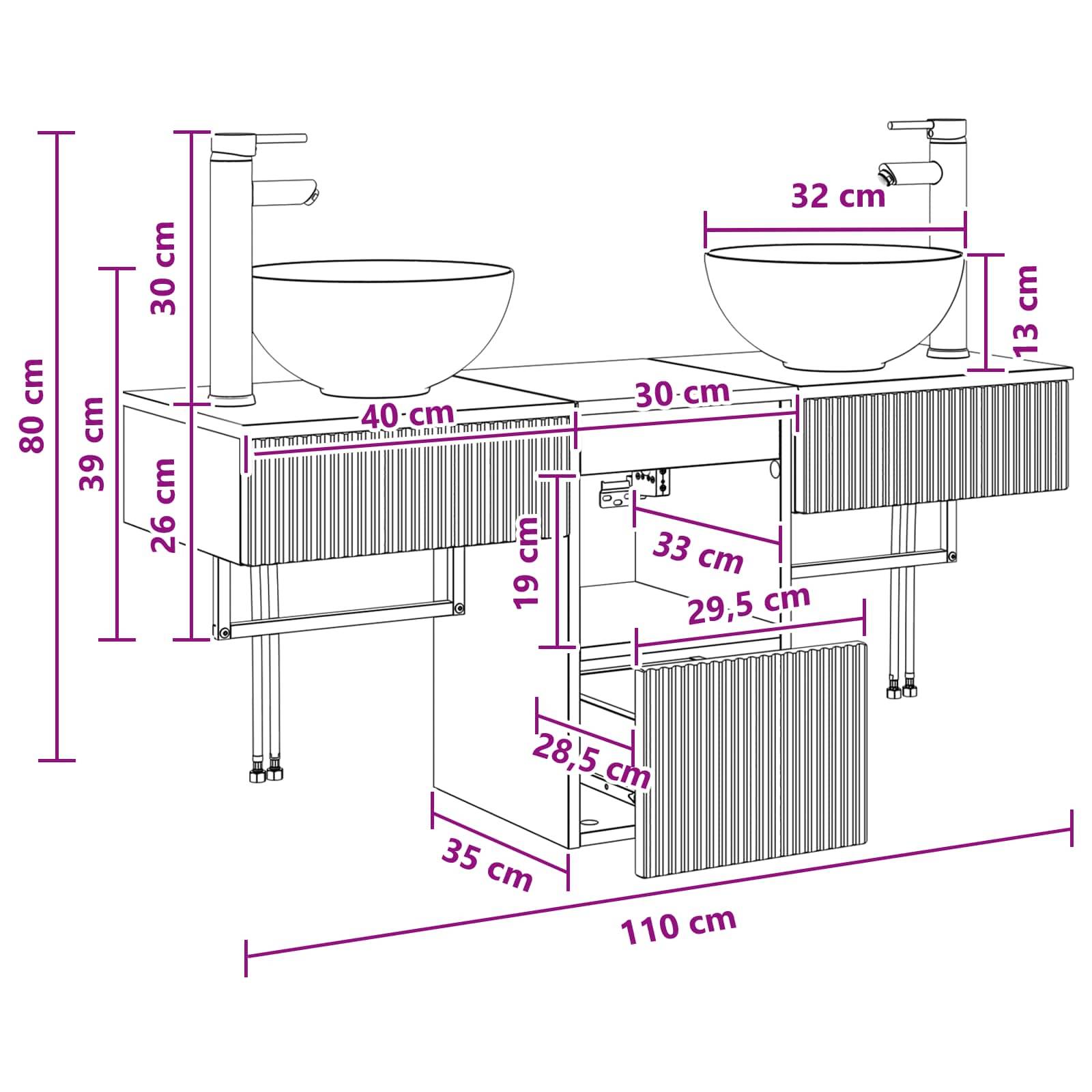 Diagramm einer Doppelwaschbecken-Waschtischanlage mit Abmessungen in Zentimetern, einschließlich Gesamtbreite 110 cm und Höhe 80 cm, mit beschrifteten Maßen für Schrank, Becken und Regalboden.