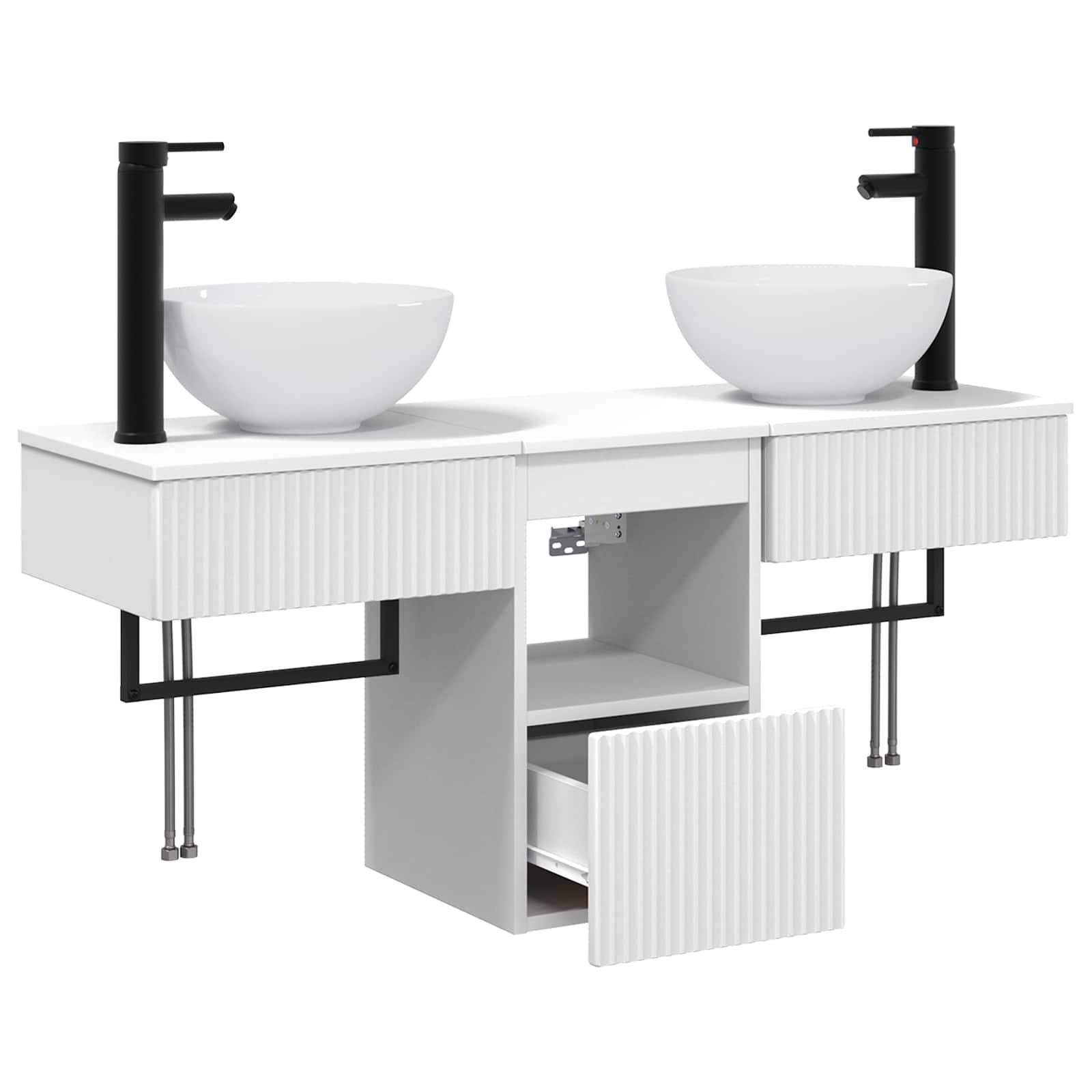 Modernes Doppelwaschbecken-Badezimmermöbel mit weißen Aufsatzwaschtischen, schwarzen Armaturen, offenem Mittelbord und teilweise offener gerippter Schublade des Schranks.