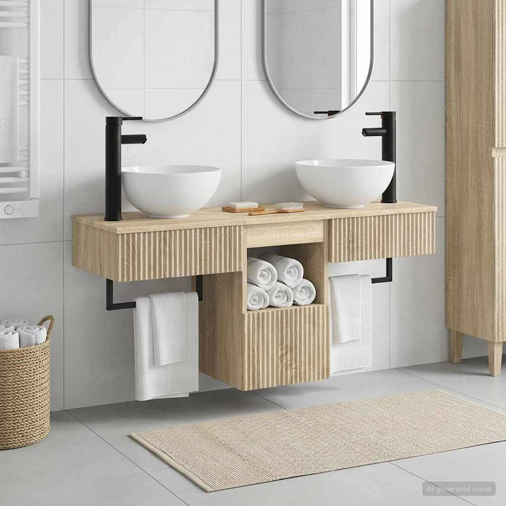 Modernes Badezimmerelement mit zwei schwarzen Armaturen, runden Spiegeln, weißen Aufsatzwaschbecken, integrierten Handtuch- und Regalelementen sowie einem beigen Teppich auf Fliesenboden.