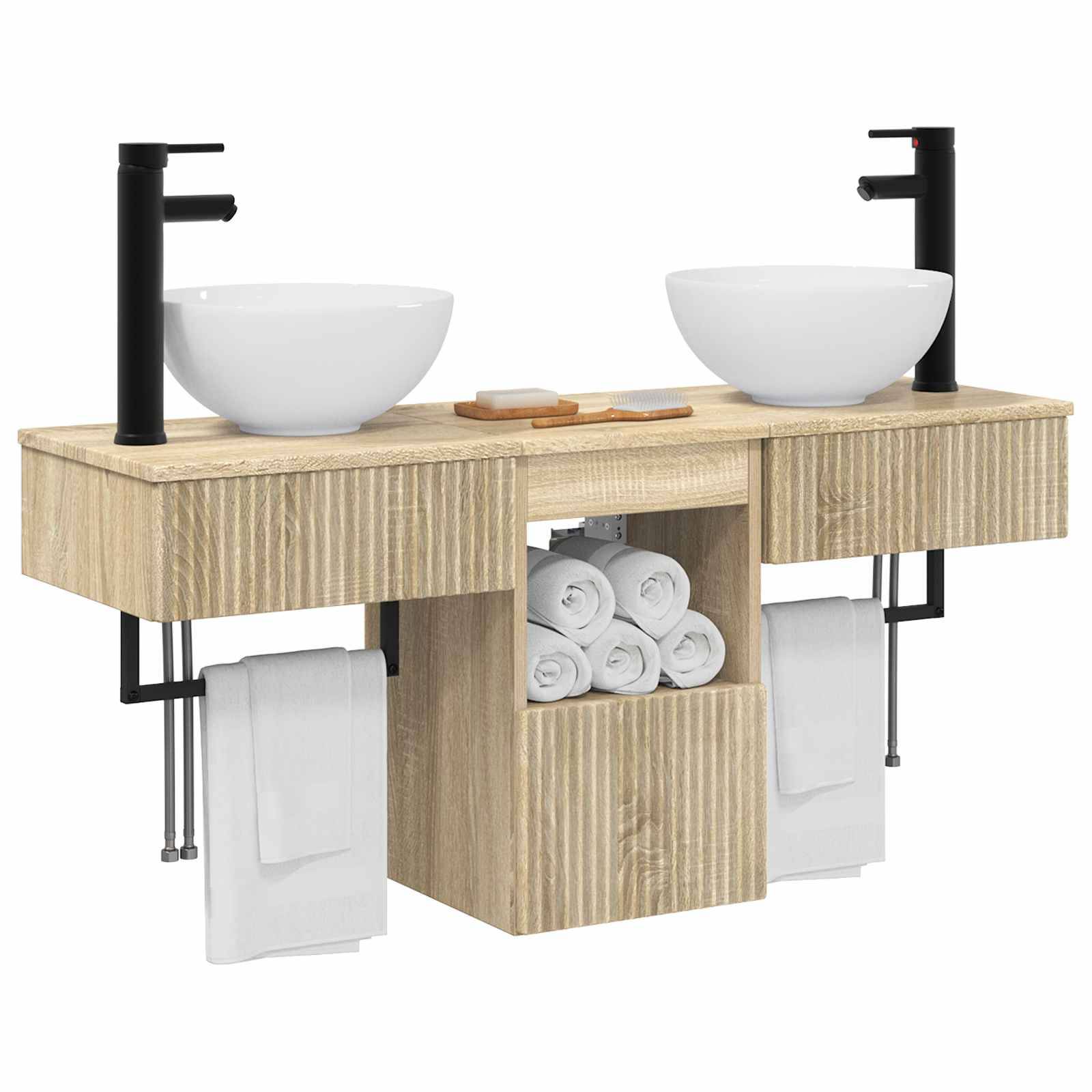 Modernes Badezimmerwaschtisch mit doppeltem Waschbecken, zwei weißen Aufsatzwaschbecken, schwarzen Armaturen, offenen Handtuchtableaus und zentralem Stauraum für aufgerollte Handtücher und Toilettenartikel.