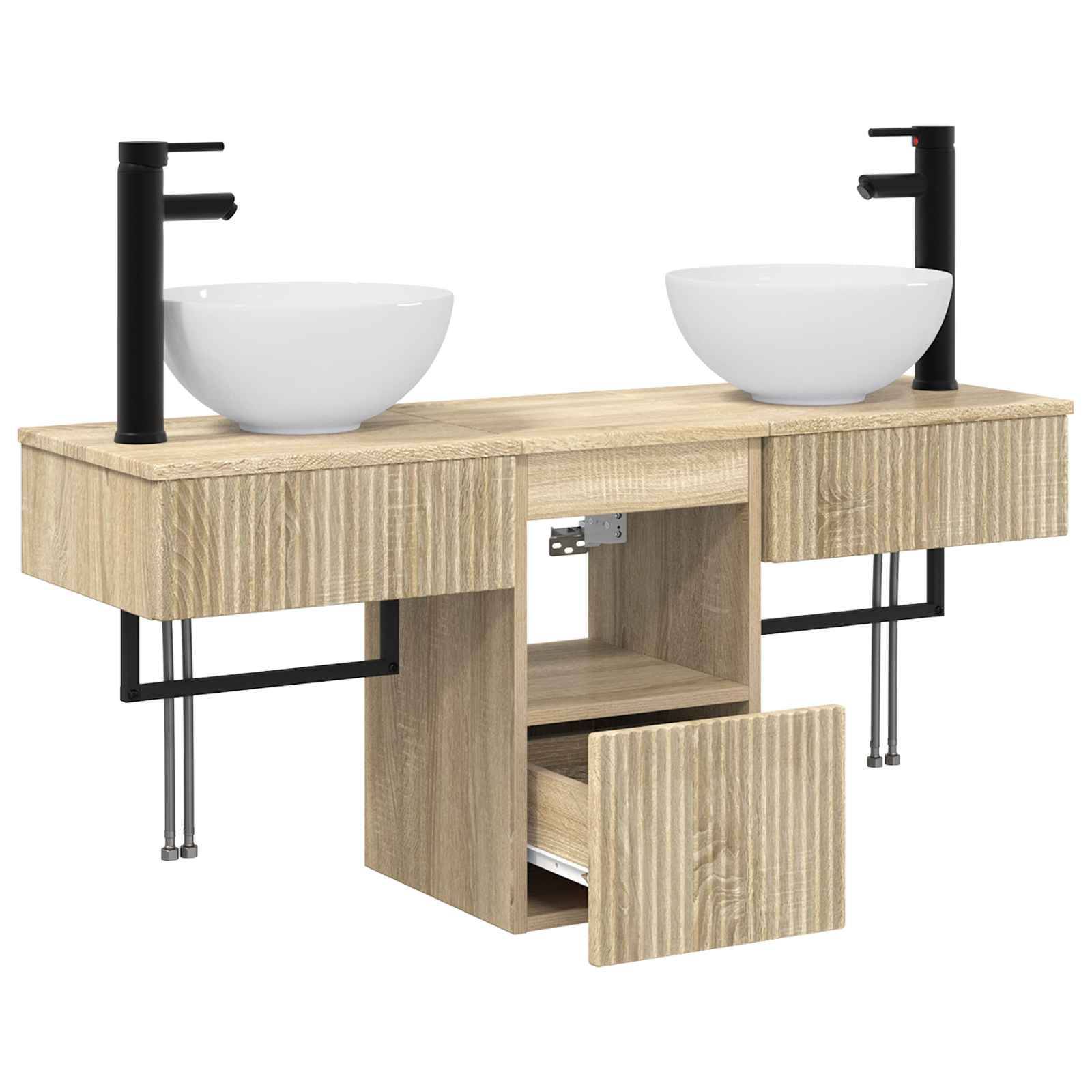 Doppelwaschbecken-Badezimmerkommode in hellem Holz mit zwei weißen Aufsatzwaschbecken, schwarzen Armaturen, offenem mittlerem Regal und teilweise offener Schublade.