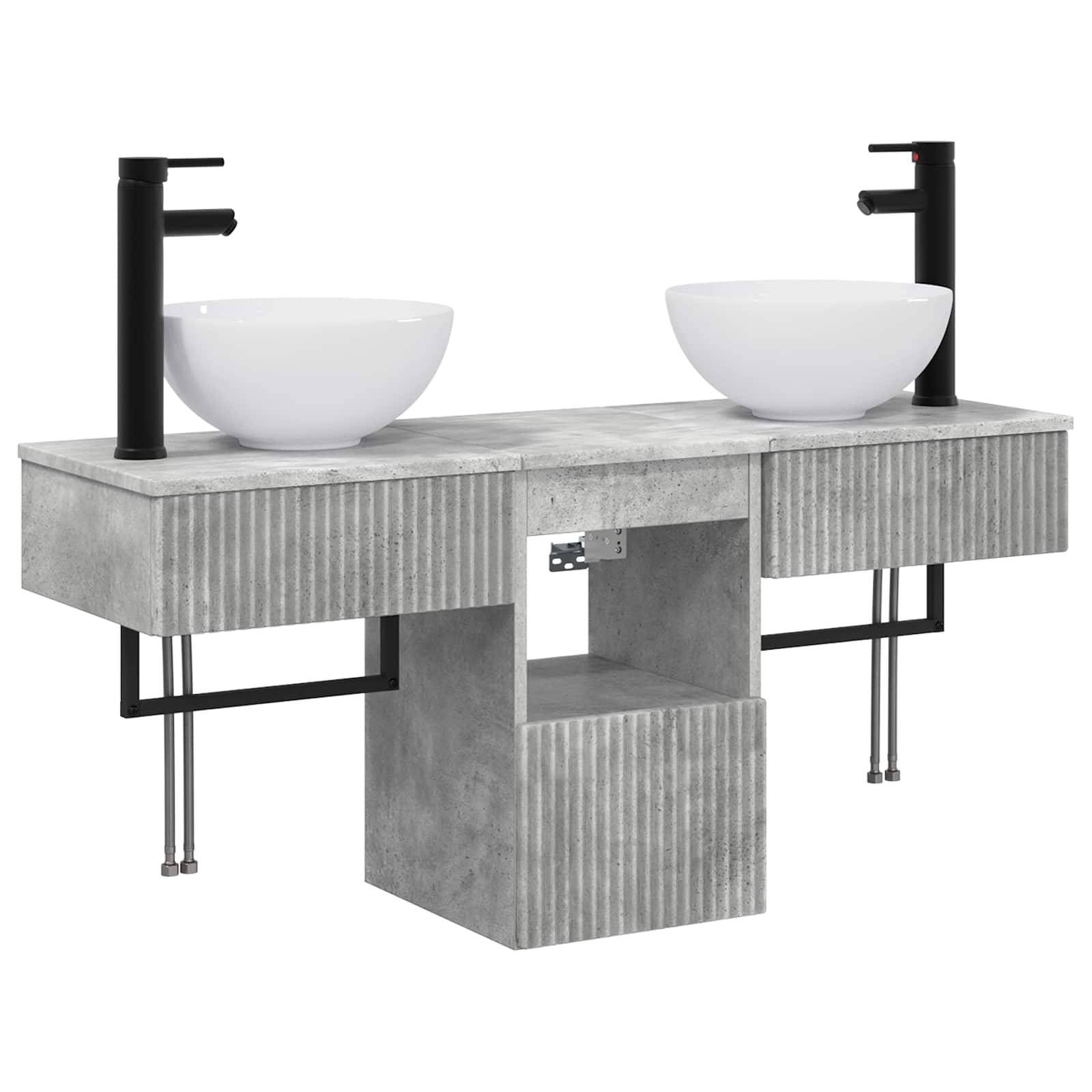 Modernes Doppel-Badezimmervantity mit zwei weißen Aufsatzbecken, schwarzen Armaturen und grauem Betonoptik-Schrank mit zentralem offenen Regal.