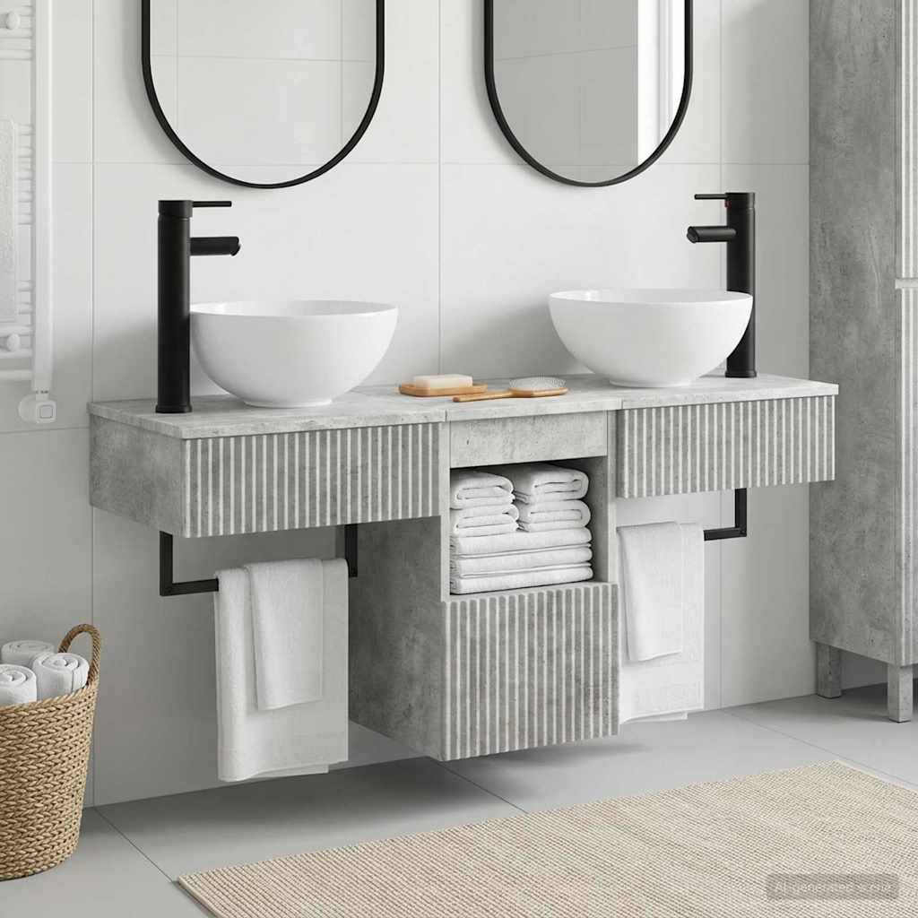 Modernes Doppelwaschbecken-Waschtischset mit zwei Aufsatzwaschbecken, schwarzen Armaturen, runden Spiegeln und offenen Regalen mit Handtüchern und Toilettenartikeln.