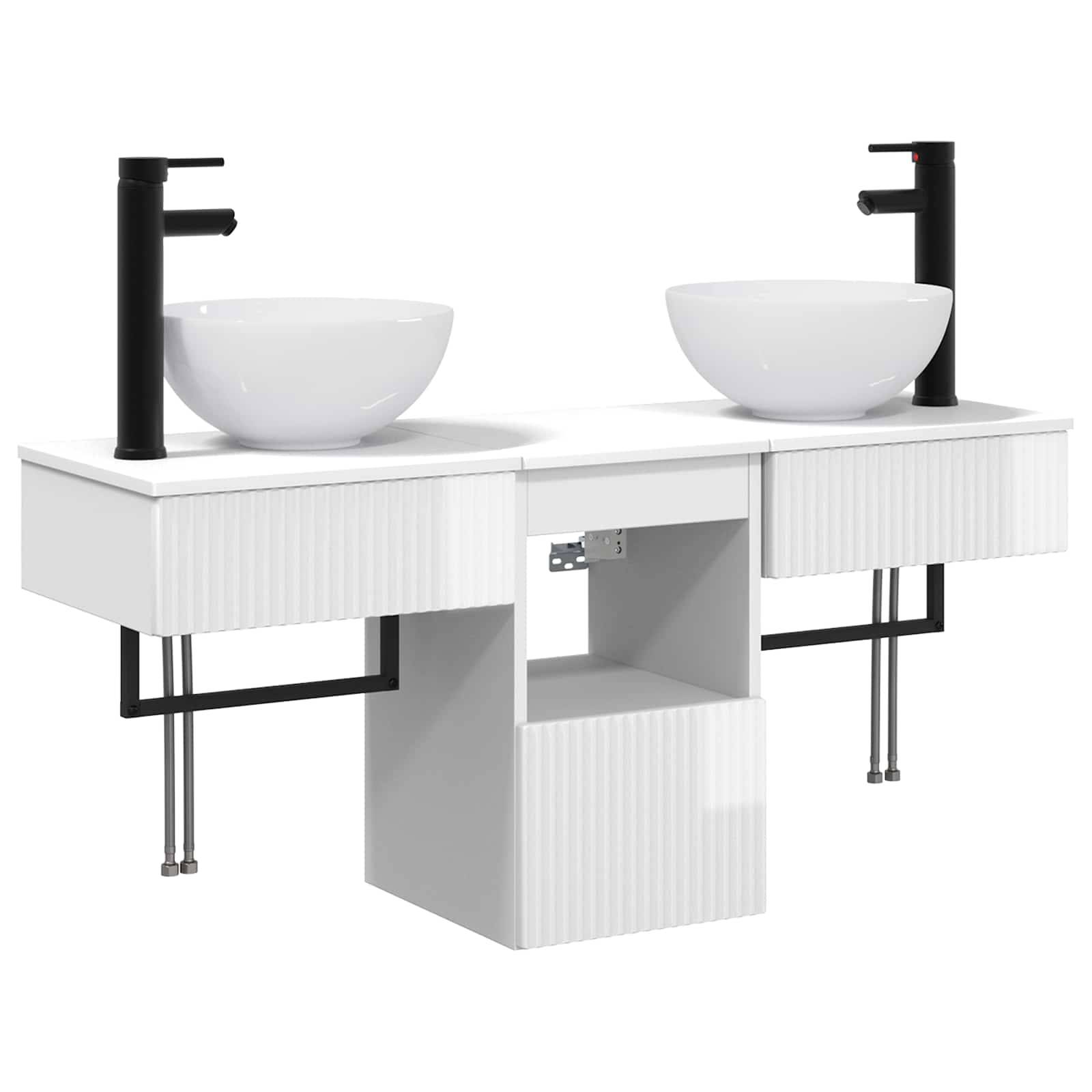 Modernes Doppelwaschbecken mit weißen Aufsatzwaschbecken, schwarzen Armaturen und einem zentralen Schrank auf weißem Hintergrund.