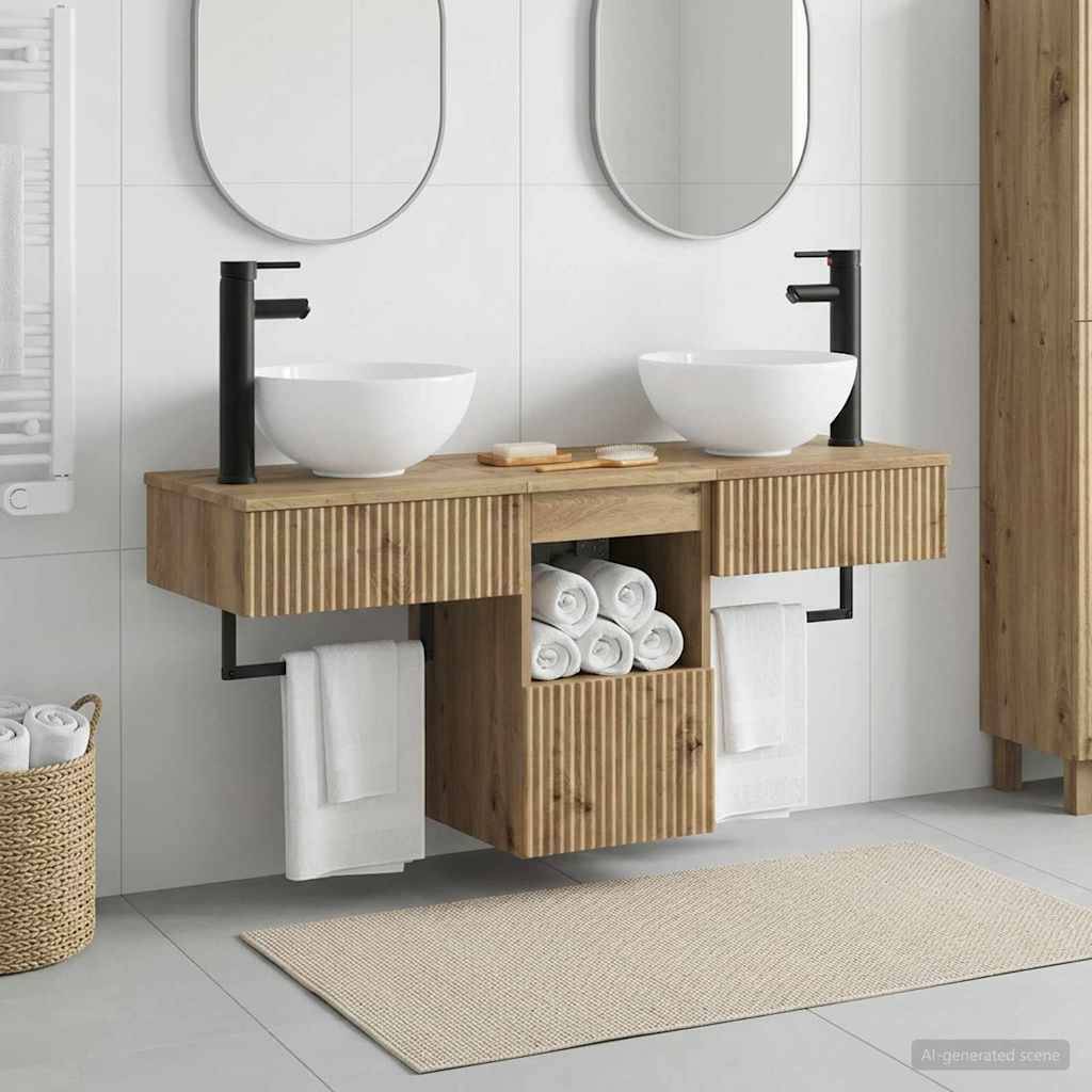 Modernes Badezimmerwaschtisch mit doppelten Aufsatzbecken, schwarzen Armaturen, ovalen Spiegeln und Holzaufbewahrung mit Handtüchern und aufgerollten Leinen darunter.