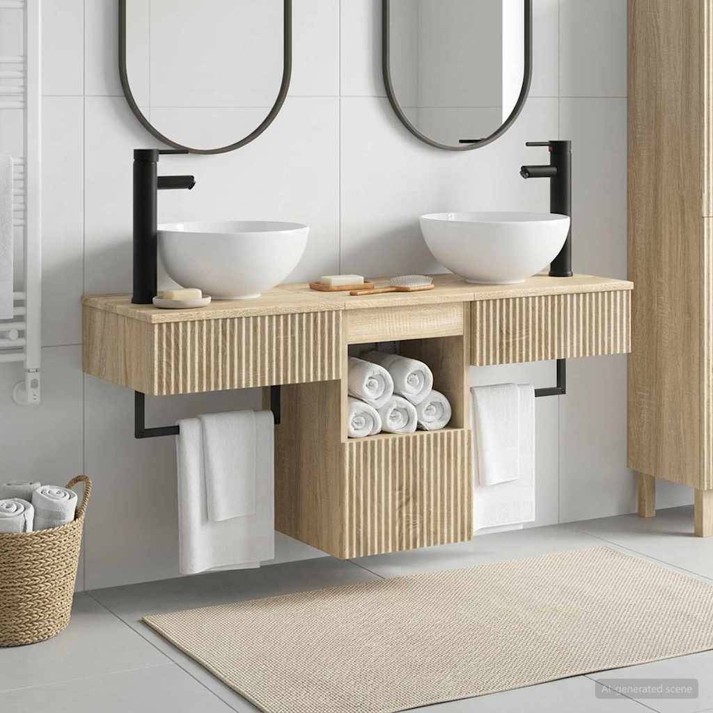 Modernes Badezimmer-Waschtisch mit zwei Aufsatzwaschbecken, schwarzen Armaturen, ovalen Spiegeln, offener Handtuchaufbewahrung und einem geflochtenen Wäschekorb auf hellem Fliesenboden.