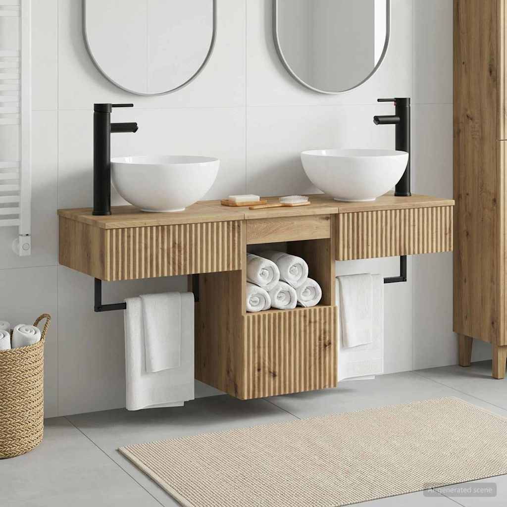 Modernes Badezimmerwaschbecken mit zwei Aufsatzwaschbecken, schwarzen Armaturen, Spiegeln, Handtuchtasche und gewebtem Teppich; minimalistisches Spa-Design.