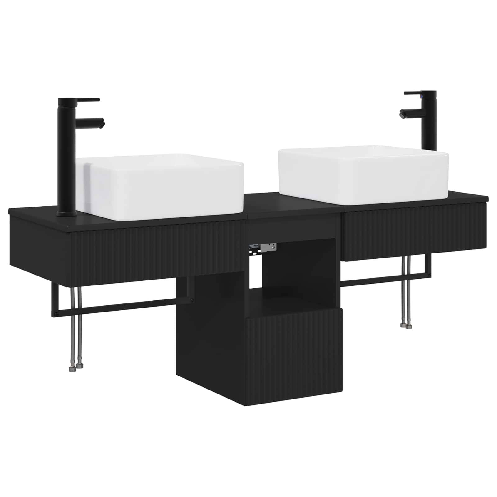 Modernes Badezimmer-Doppelwaschtisch mit zwei weißen Aufsatzwaschbecken auf einem schwarzen gerippten Unterschrank und mittlerem offenem Regal, dargestellt auf weißem Hintergrund.